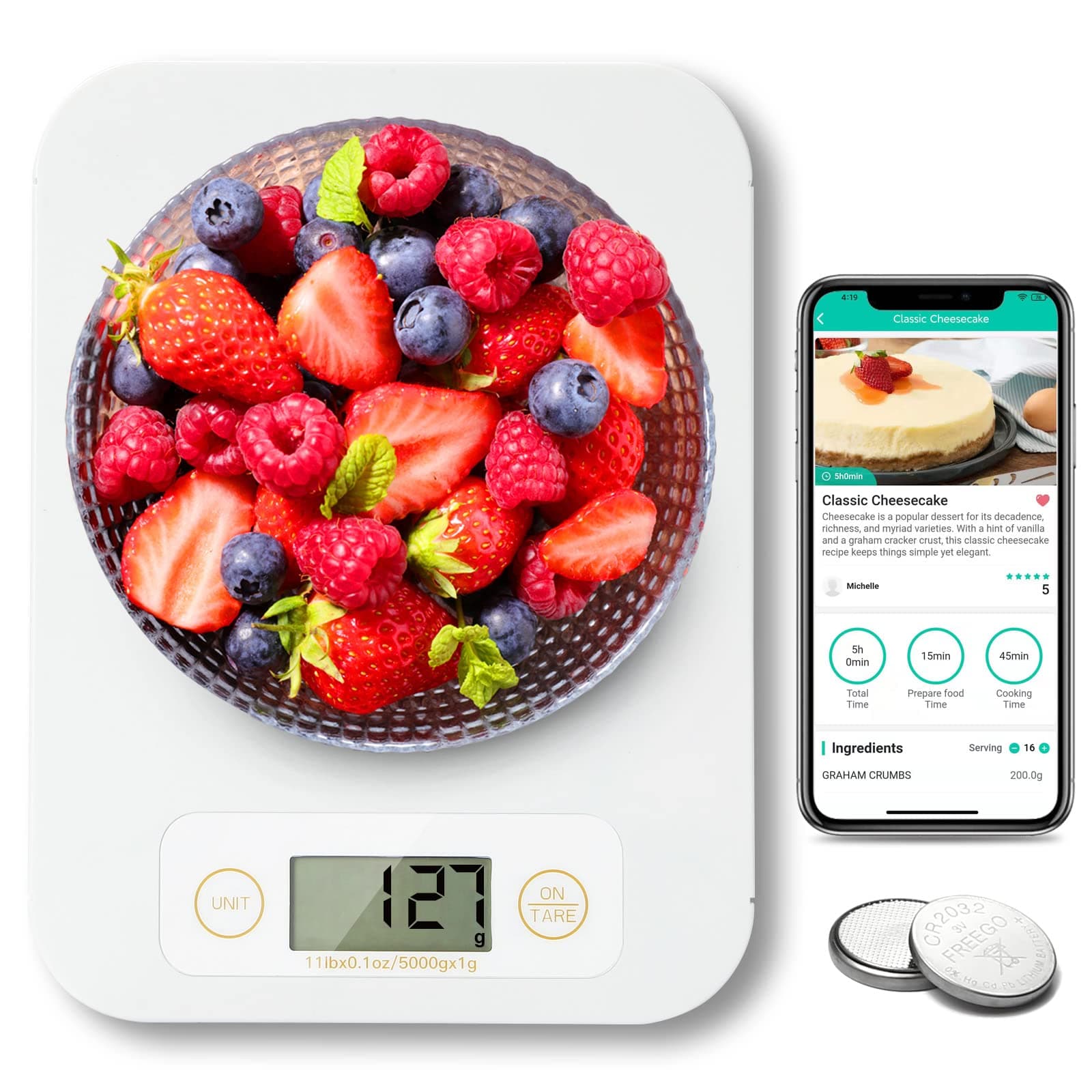 URAMAZ (White) - Smart Food Scale - Bluetooth Digital Kitchen Scale with Nutritional Calculator, Food Cooking Scale with Smartphone APP for Keto, Macro, Calorie, Weight Loss