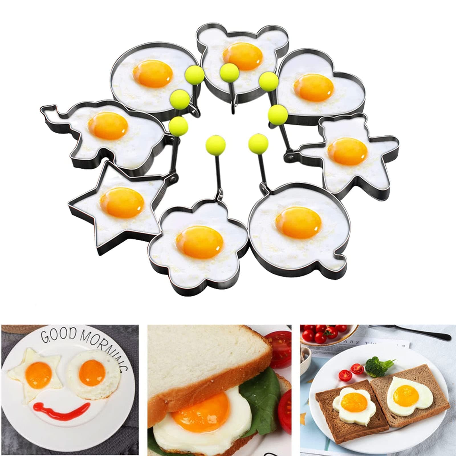 Fried egg rings, Pancake mold Maker with Handle for Kids, Mold Non Stick for Griddle Pan, Stainless Steel Egg Form for Frying Cooking (8 pack)