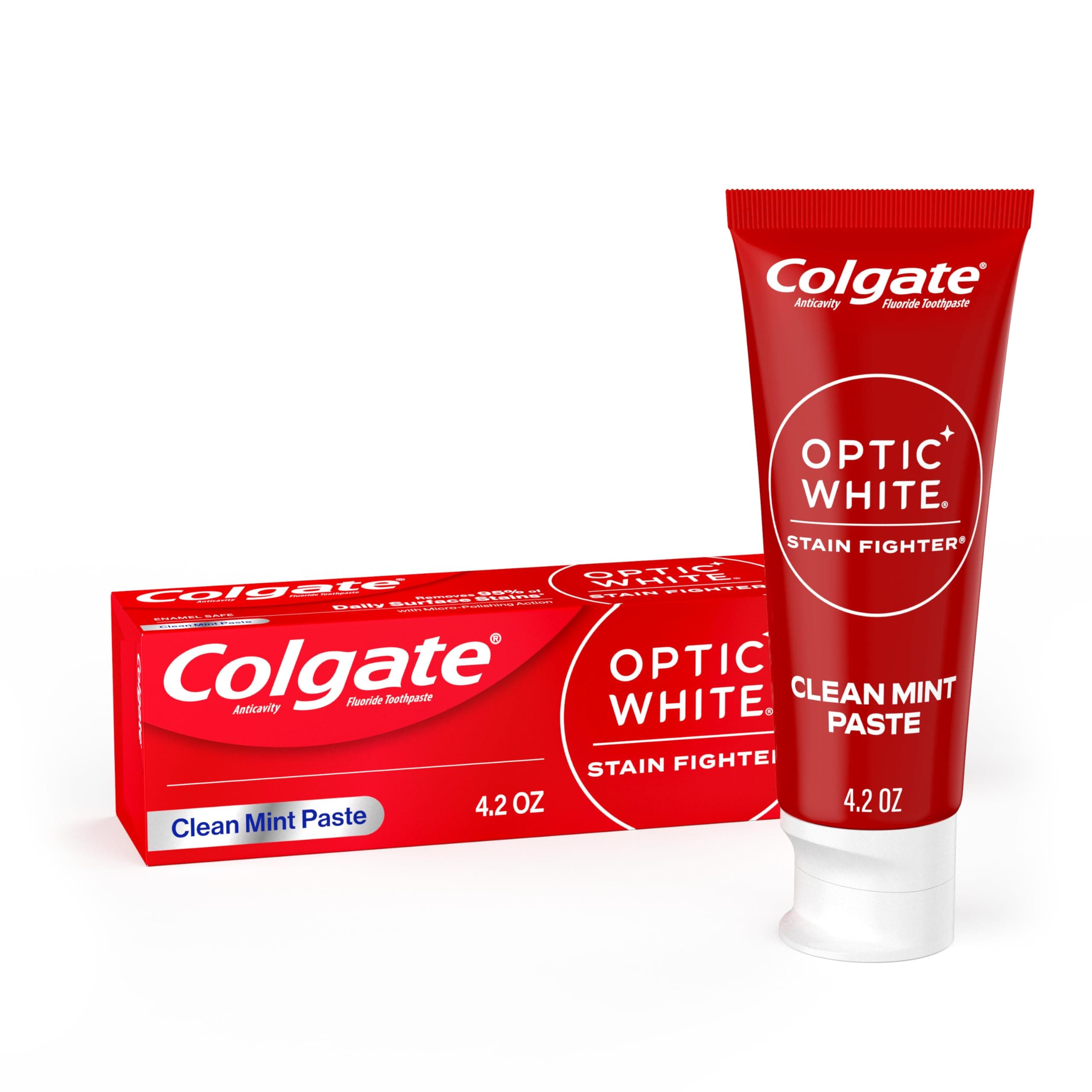 Colgate Optic White Stain Fighter Anticavity Fluoride Teeth Whitening Toothpaste, Enamel-Safe for Daily Use, Prevents New Stains, Clean Mint, Pack of 24, 4.2 oz