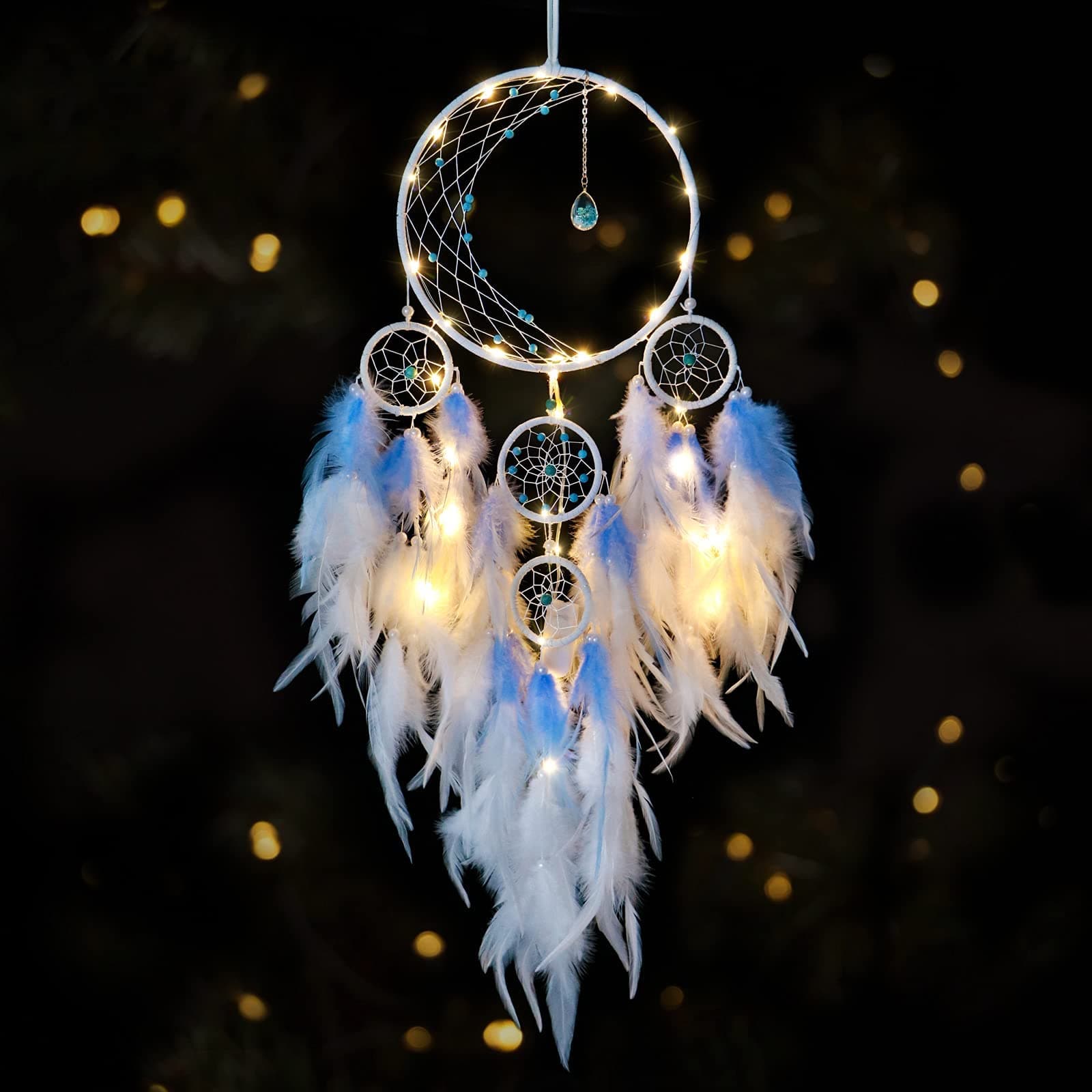 LED Light Up Dream Catcher Half Circle Moon Decor with Lights Handmade Feather Dreamcatchers for Bedroom Bohemian Home Decor Wedding Ornament Craft Gift (Blue)