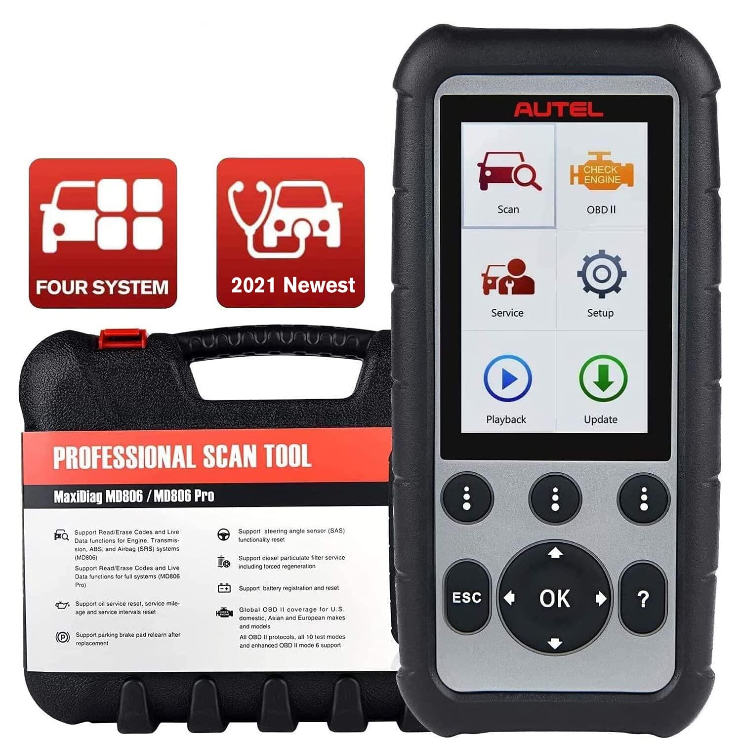 Autel MaxiDiag MD806 OBD2 Scanner with ABS, SRS, Engine Transmission, Car Diagnostic Tool with Oil Reset, EPB, DPF, SAS, BMS and Throttle Services, Upgraded Version of MD805, MD802