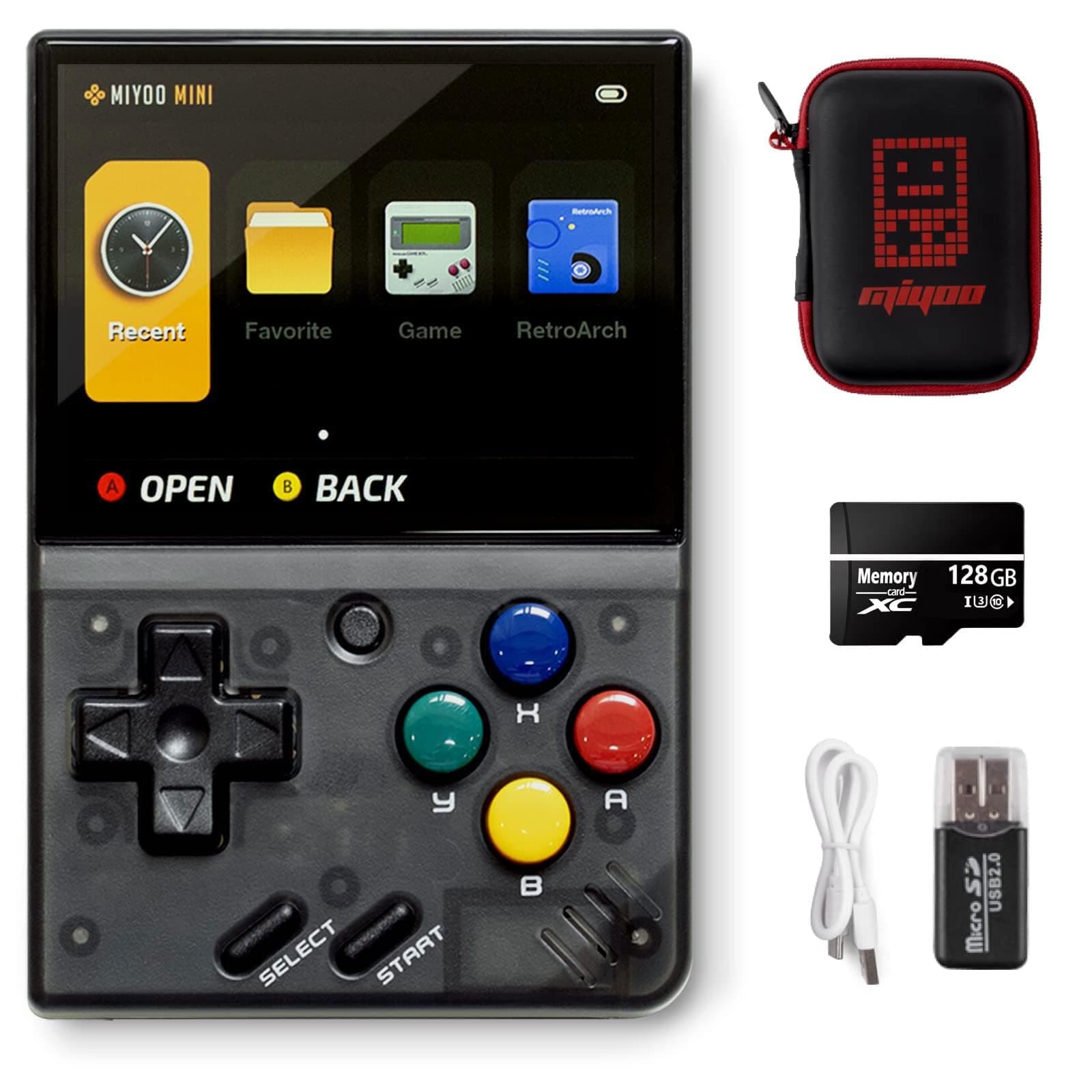 Astarama Miyoo Mini V2 Handheld Retro Video Game Console, 2.8 inch IPS Screen, 128GB Card & 11000+ Games, Black