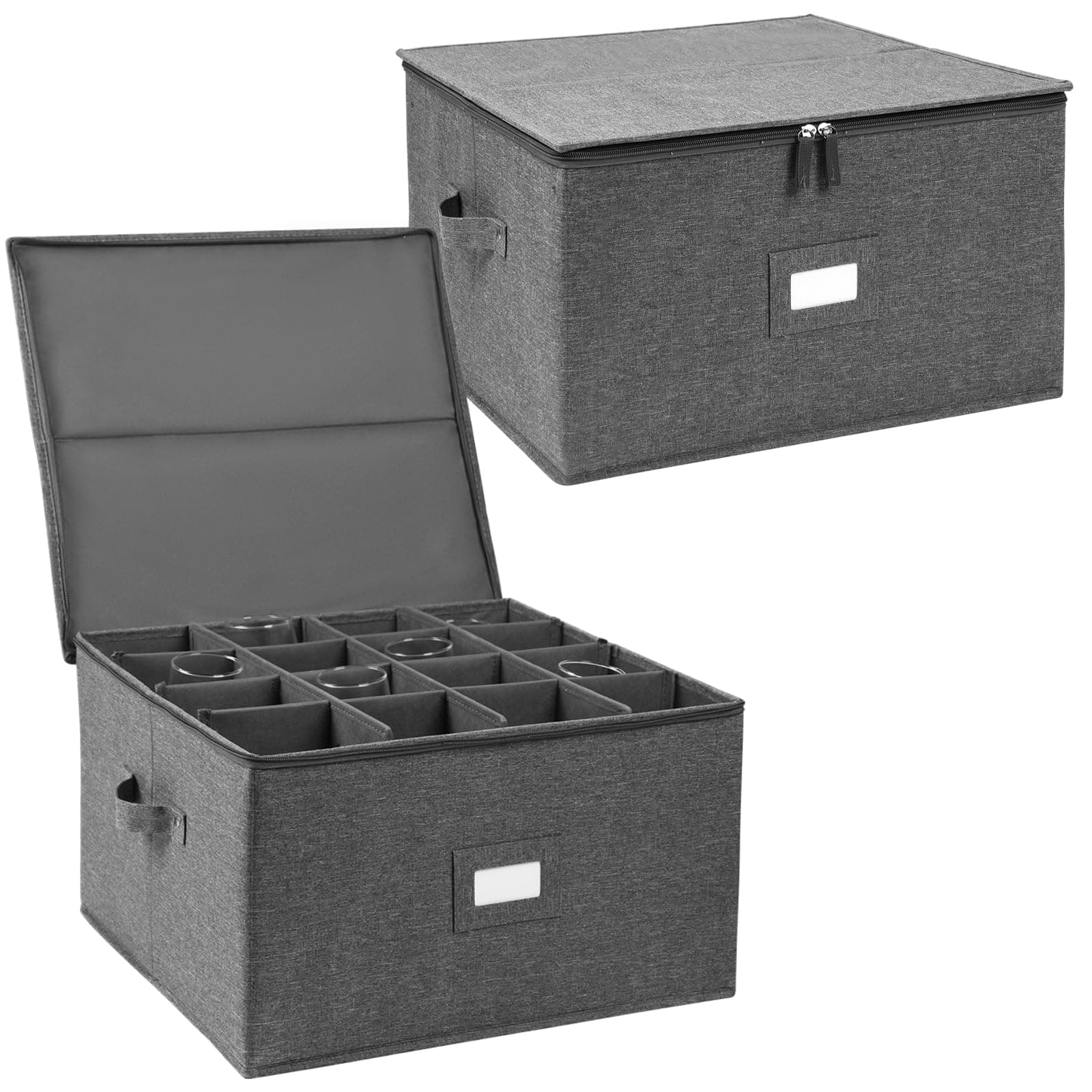 popoly Stemware Storage Cases 2 Pack, Wine Glass Storage Box Containers with Dividers for Glassware or Crystal, Holds 32 Red or White Wine Glasses, Hard Top and Stackable (Grey)