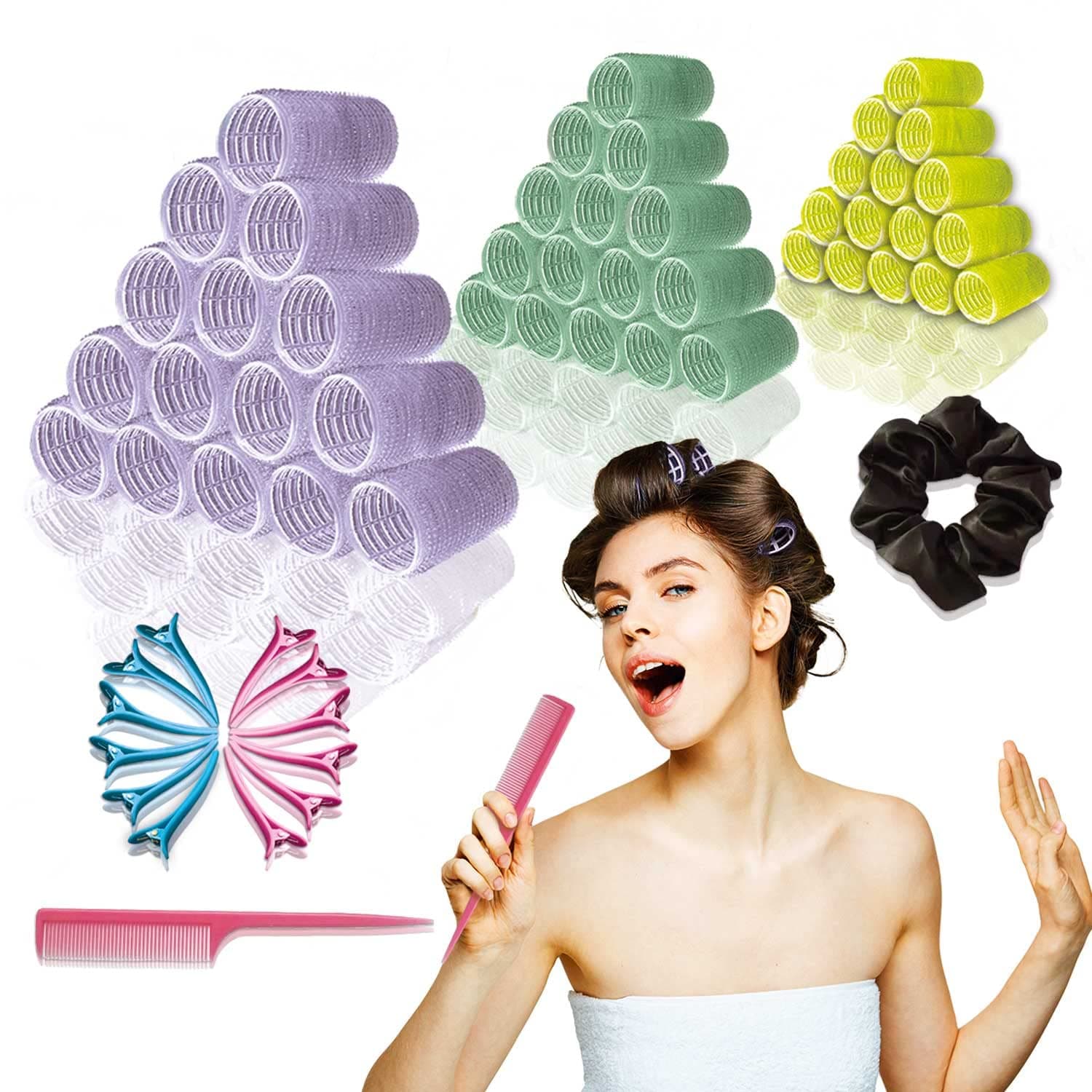 [ 51 Pack ] - Large Hair Rollers for Long Hair - 36 Rollers, 12 Clips, 1 Comb, 1 Reusable Bag, 1 Scrunchie - Jumbo Hair Rollers for Long Hair - Big Hair Rollers for Long Hair