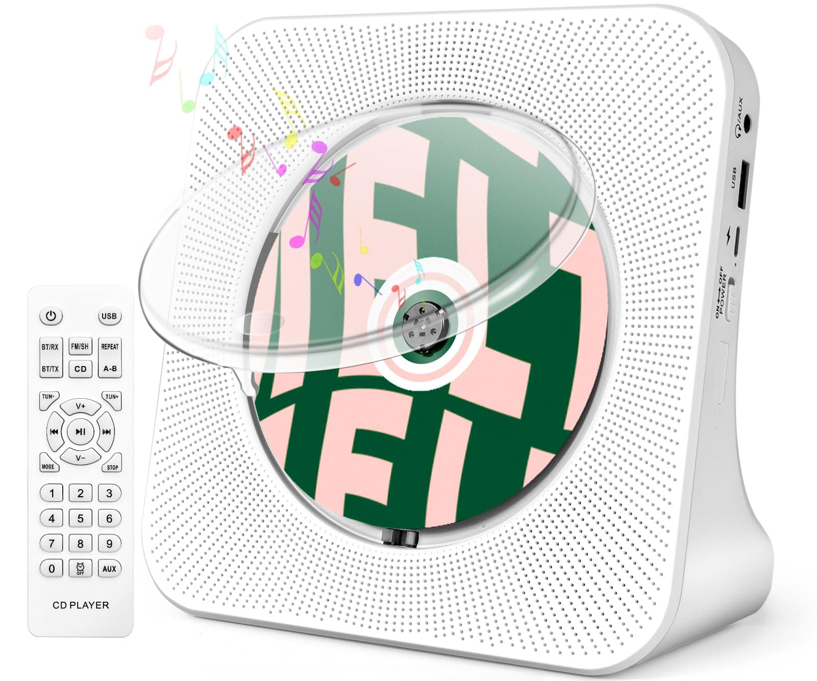 ROADOM Desktop CD Player with Speakers, Home Bluetooth CD Player with Hi-Fi Stereo Sound,Remote Control,Supports CD/Bluetooth/FM Radio/U Disk/AUX/Timer/Repeat