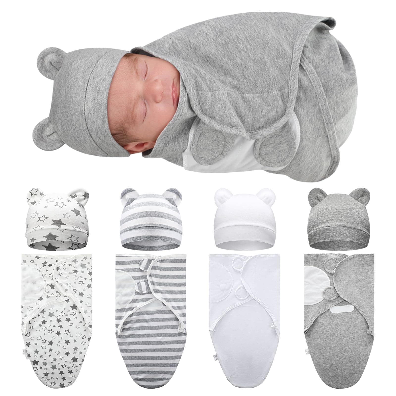 4 Pack Preemie Swaddle Blanket Wrap Set with Hat for Baby Boys Girls 3-7 Lbs Preemie Newborn Clothes Sleepers Cap