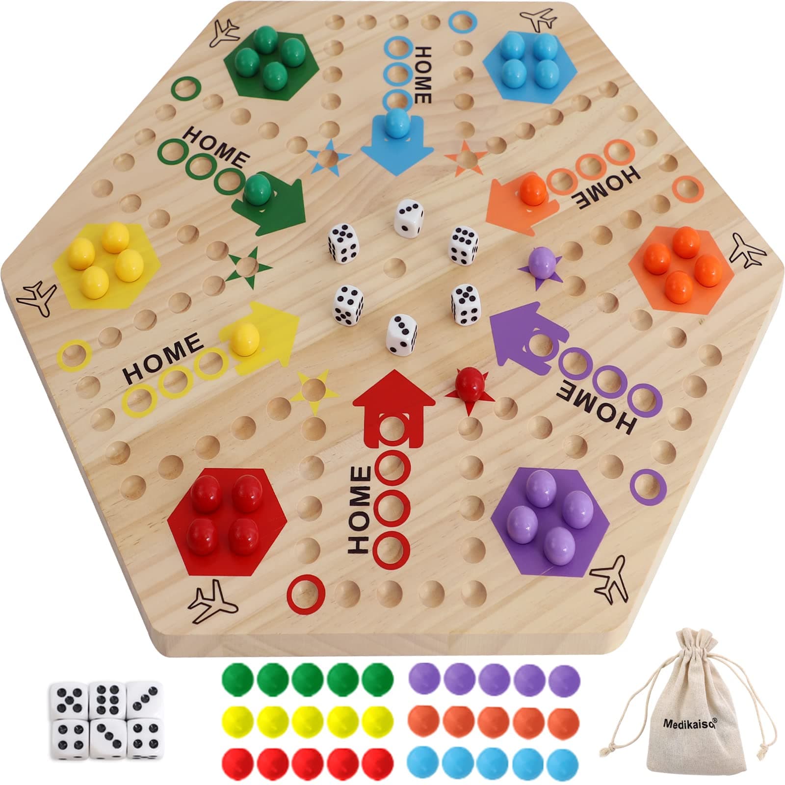 Large Size Original Marble Game Solid Wood 20 inch Wahoo Board Game Double Sided Painted Wooden Fast Track for 6 and 4 Players 6 Colors 24 Marbles 6 Dice for Family Friend