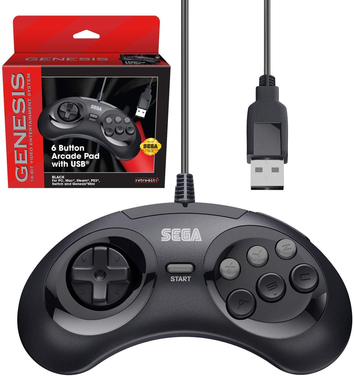 Official Sega Genesis USB Controller 6-Button Arcade Pad for Sega Genesis Mini, PS3, PC, Mac, Steam, Switch - USB Port - (Black)