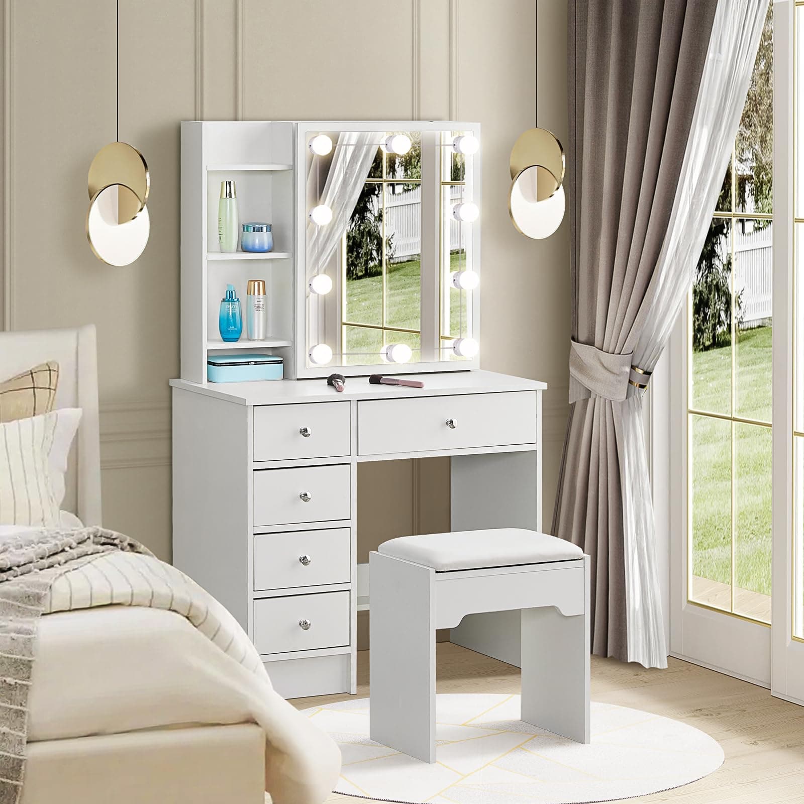 Dressing Table with Hollywood LED Lights, Vanity Table with Mirror and Stool, Make up Desk Set Makeup Dressing Table with 5 Drawers for Girls Bedroom Furniture
