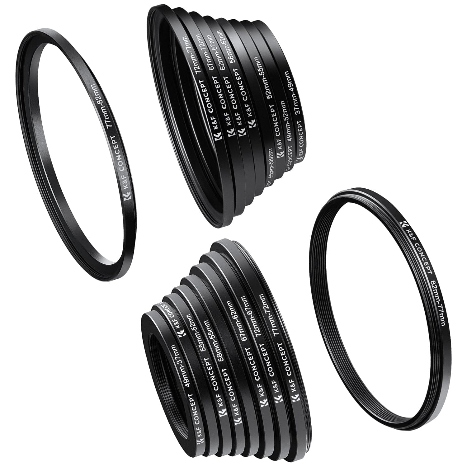 K&F CONCEPT 18 PCS Filter Ring Adapter Set, Camera Lens Filter Aluminum Alloy 9 PCS Step-up and 9PCS Step-down Rings Kit, Black