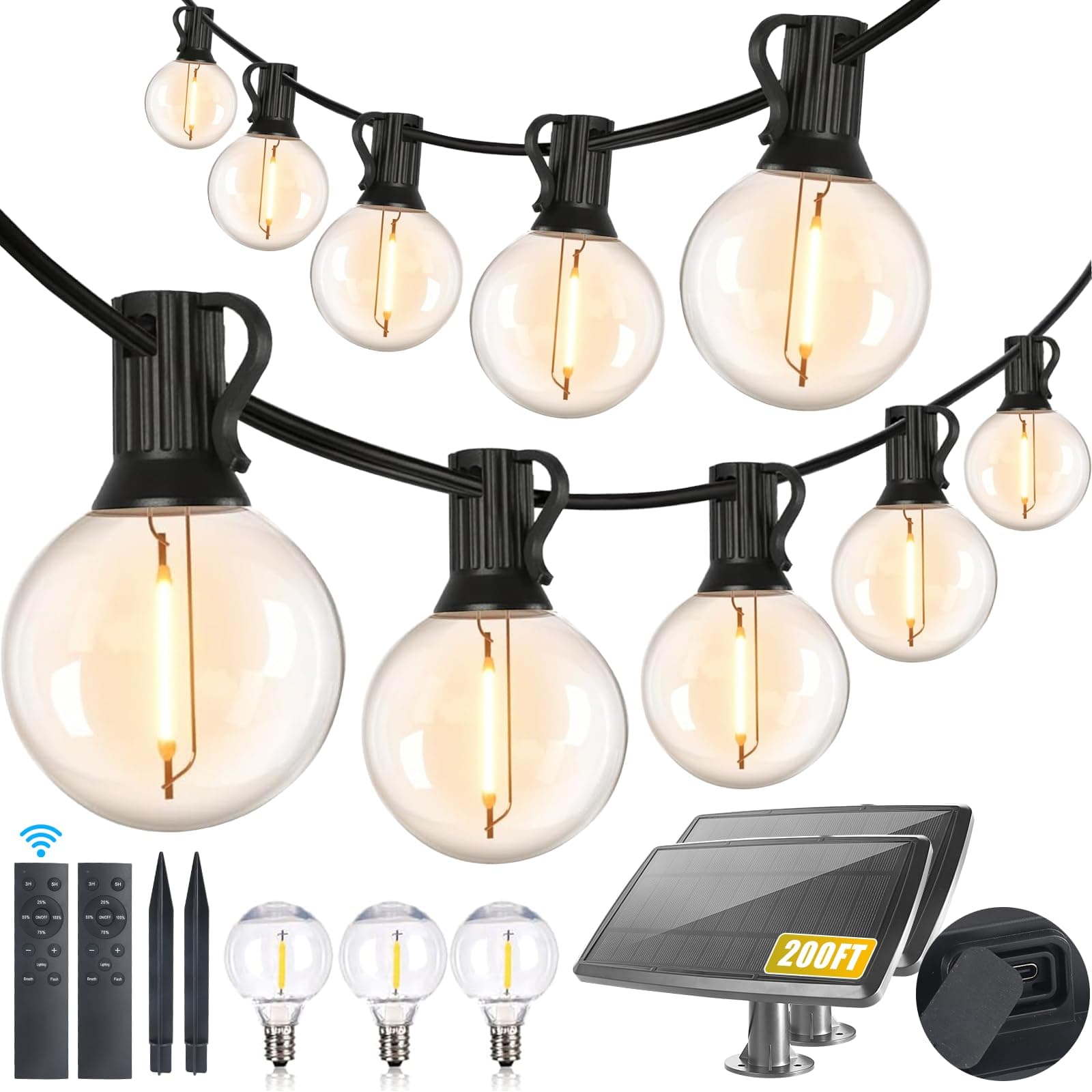 200ft Solar String Lights Outdoor Waterproof with Remote Control, G40 Solar Power String Lights with 60+ 3 LED Shatterproof Bulbs, Dimmable, Backyard Outside Party, 100FT30LEDP1*2+3-A20B