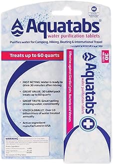 49mg Water Purification Tablets (30 Pack). Portable Water Purifier for Camping Essentials, Lightweight Camping Gear or Survival Kit, EPA Registered & NSF/ANSI 60 Certified, Fast-Acting
