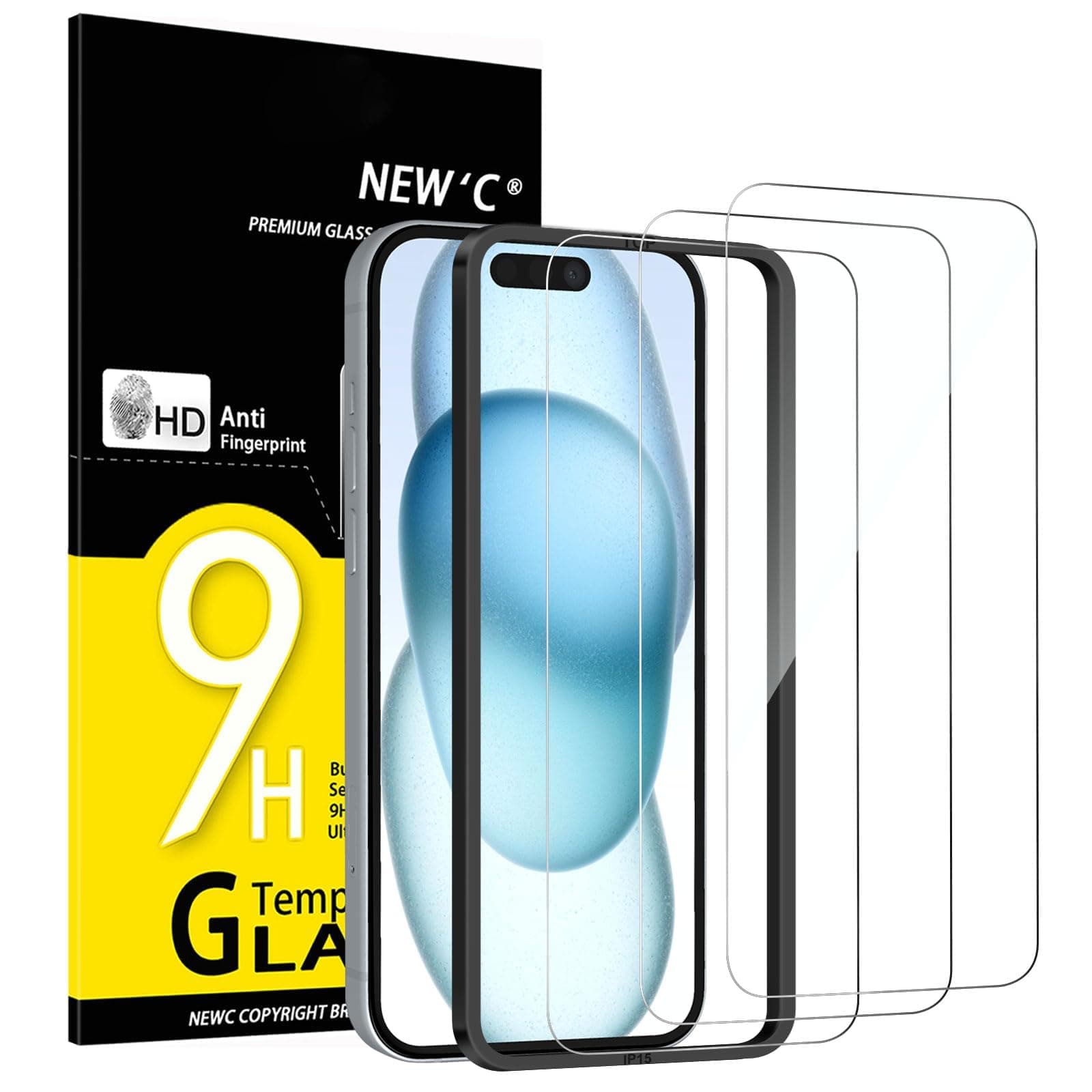 NEW'C 3 Pack Designed for iPhone 16, iPhone 15 Screen Protector (6.1 inches),Enhanced Tempered Glass Protection with easy installation tool included,Case Friendly Ultra Resistant | Tempered Glass, Case Friendly, Ultra Resistant