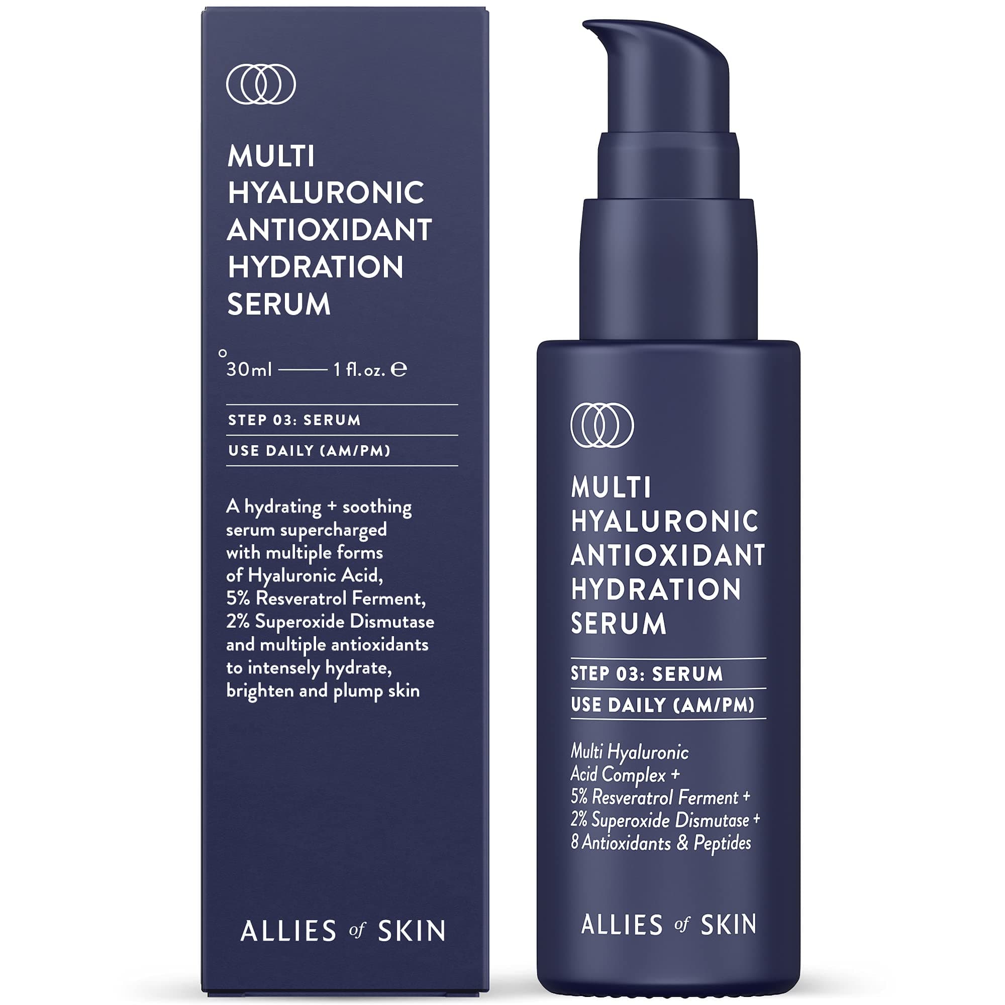 Allies of Skin Multi Hyaluronic Antioxidant Hydration Serum: Niacinamide, Vitamin E, Astaxanthin, Superoxide Dismutase. Anti-Aging. Intensely Hydrates, Brightens & Strengthens Skin 1 oz / 30 ml