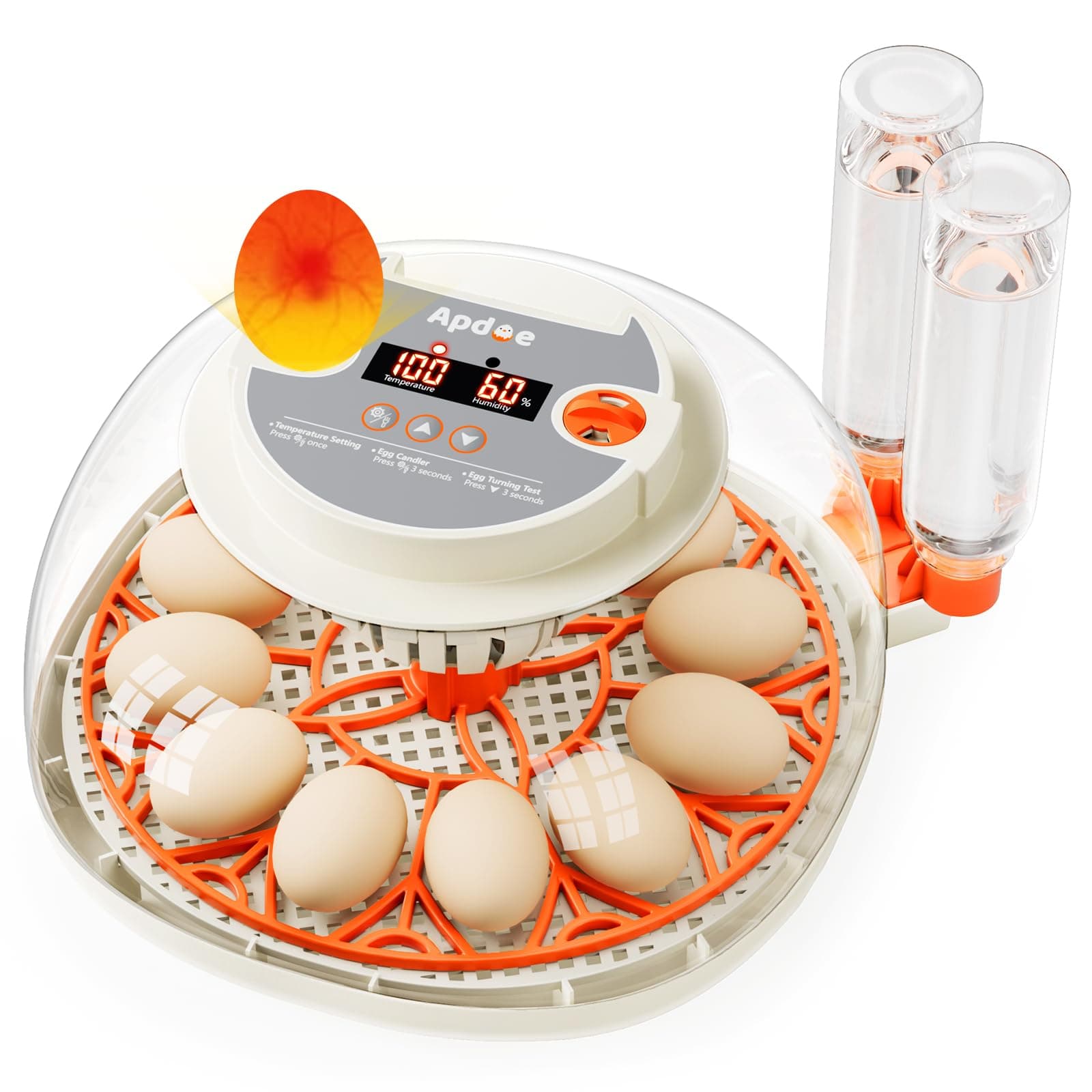Egg Incubator with Temperature and Humidity Control, Automatic Egg Turning, Egg Candler, External Water Bottle, Adjustable Air Vent, 360° Clear View, for Chicken, Duck & Quail Eggs, APDOE HatchPro 12