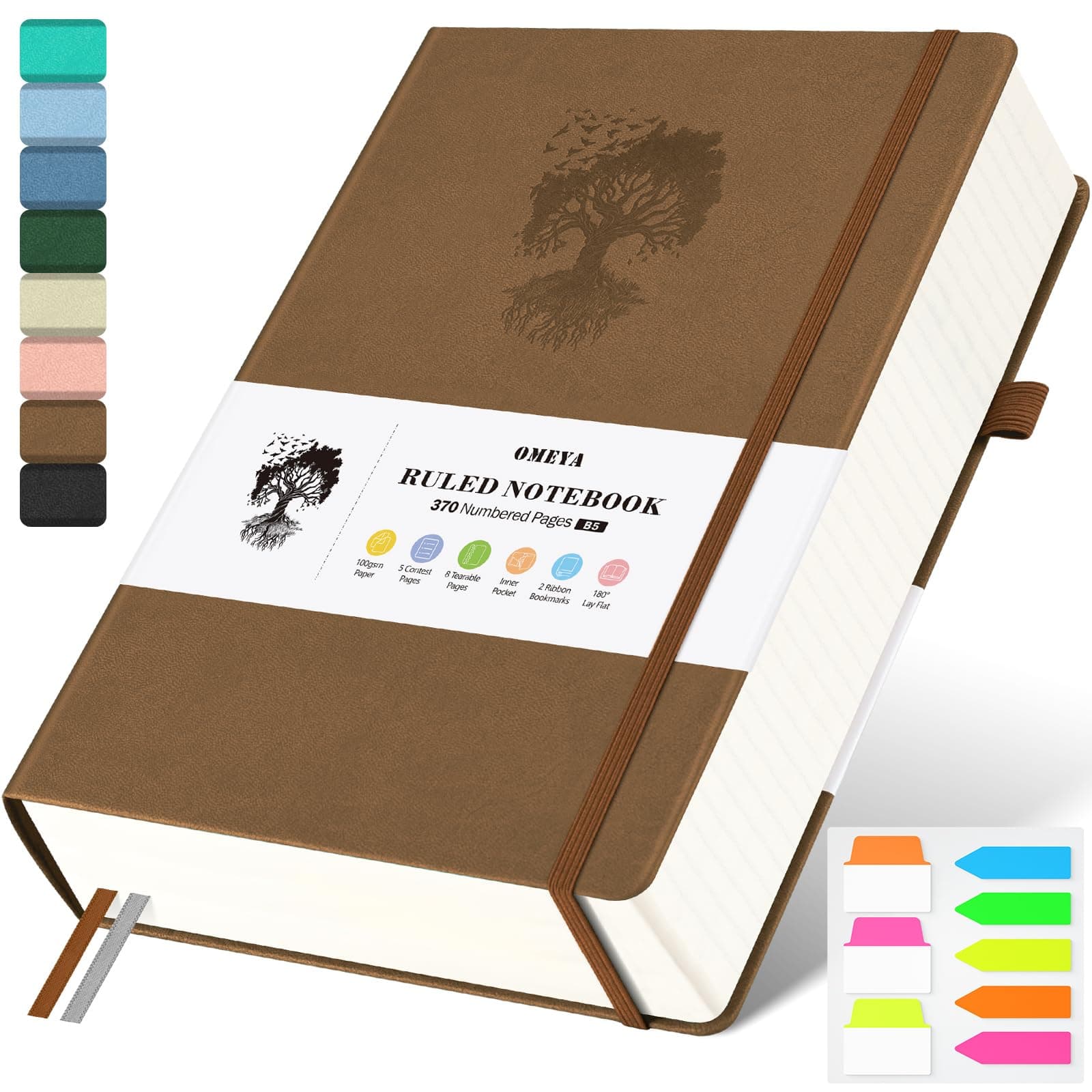 B5 Lined Journal Notebook, 370 Numbered Pages Thick Leather Journal for Writing, College Ruled Hardcover Notebook for Work,School with 100gsm Paper, Writing Journal for Women, Men (7.6" x 10.3" Brown)