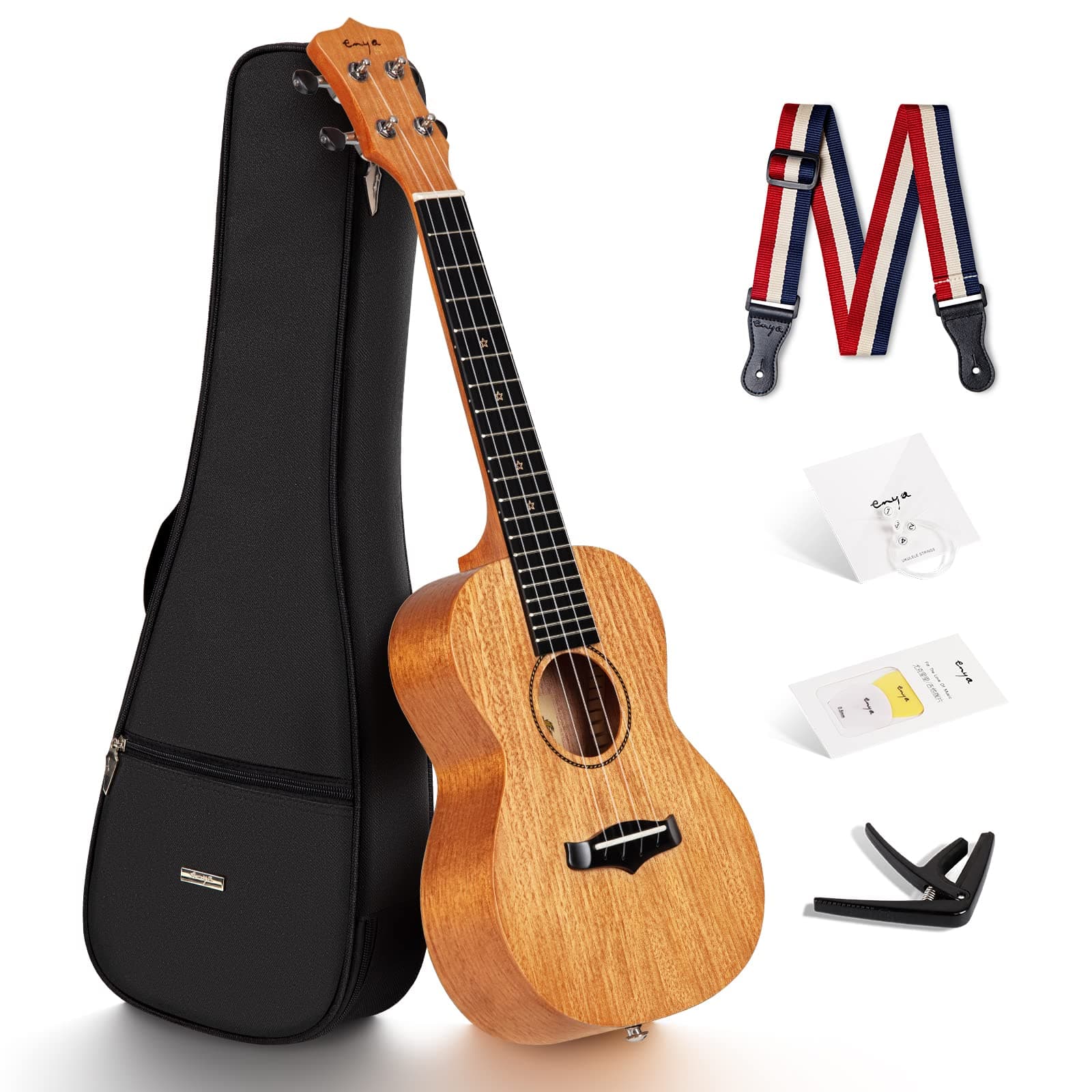 Concert Ukulele EUC-25D 23 Inch Solid Mahogany Top - Beginner Kit with Gig Bag, Capo, Strap & Picks - Professional Sound Quality for Beginners & Adults (Natural Color)