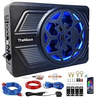 800W Slim Under Seat Powered Car Subwoofer,Built-in Car/Truck Audio Amplifier,Wiring Kit & Multi Colors Ambient Lighting, High & Low Level Input,Remote Control (8" Speaker, 10" Sub)