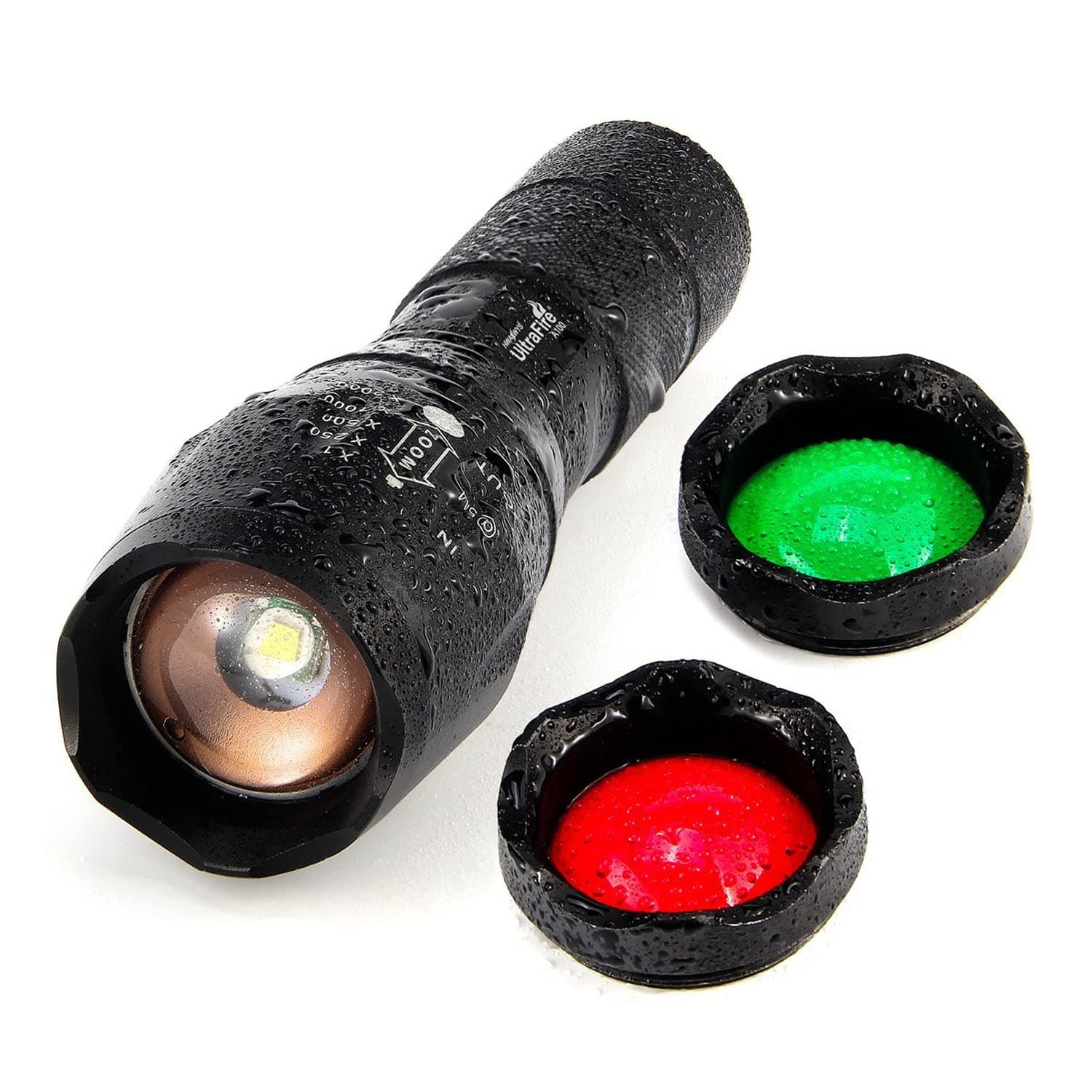 A100 Tactical LED Flashlight Mini,800 Lumen Hunting Handheld Flashlight Focusable 3 Colors Exchange Glass Lens (Generate RED or Green Light)