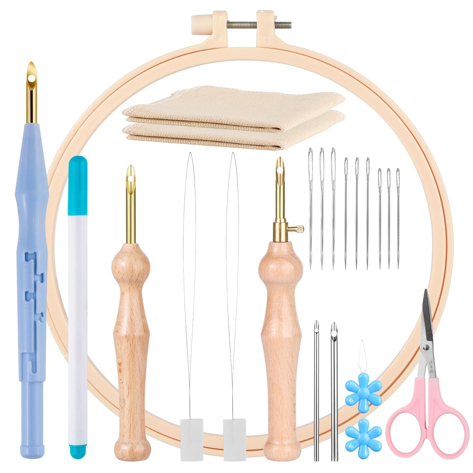 MSDADA 21PC Punch Needle Kit, Adjustable Punch Needle Tool, Wooden Handle Embroidery Pen Kits, Hoops, Cloth, Punch Needle Set Adults Beginner for DIY Craft, Perfect for Decoration and Gifts(Blue)