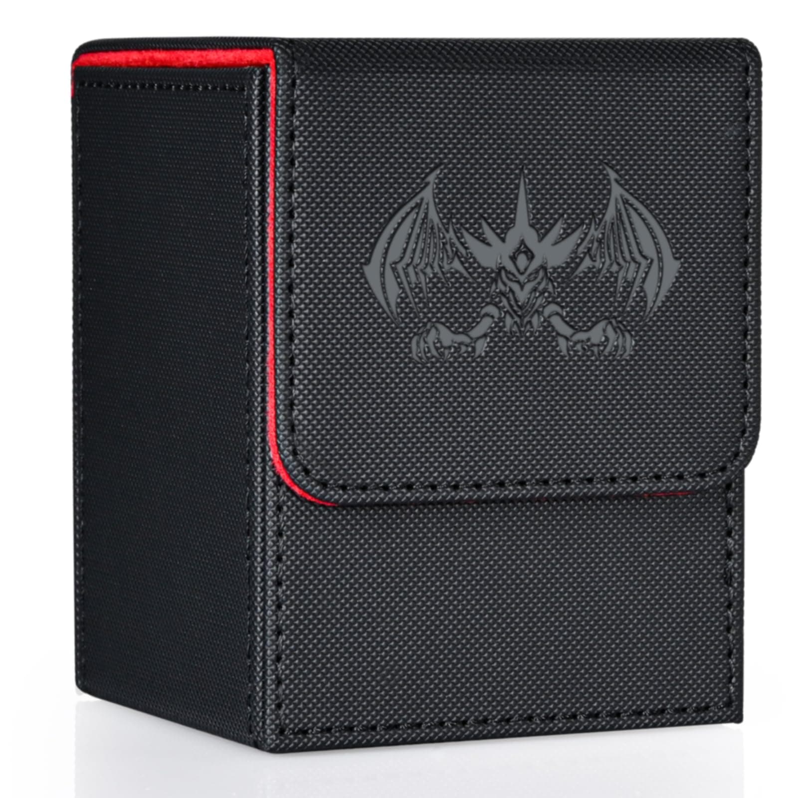 Card Deck Box for Yugioh MTG, 100+ Deck Case with 2 Dividers, Fits TCG CCG, PU Leather Card Storage Box (Black&Red, Extinction Dragon)