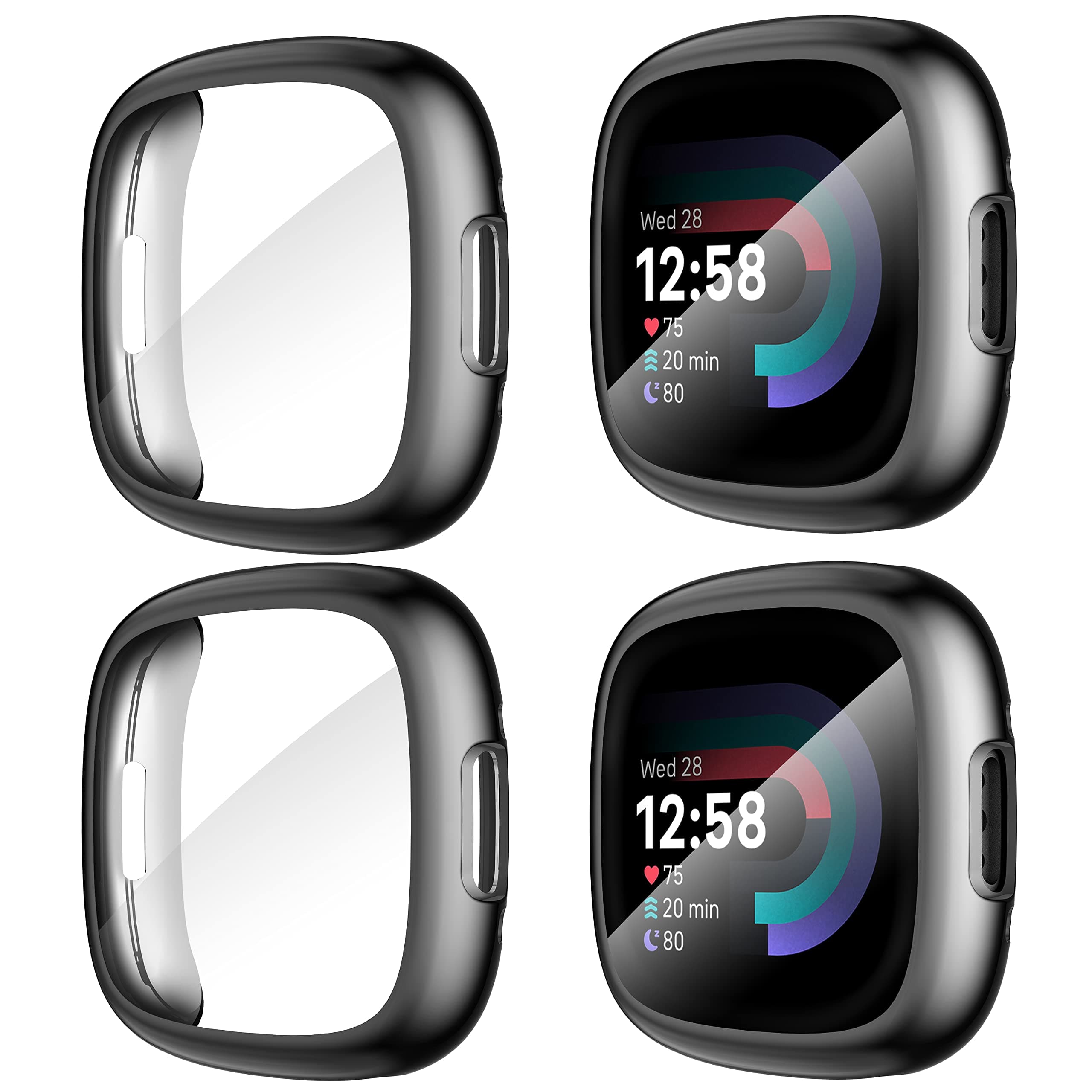 Suoman Diruite 4-Pack Cover for Fitbit Versa 4/Sense 2 Screen Protector Case,HD Shockproof Soft TPU Full Protection Scratch-Resistant,Black&Black&Black&Black