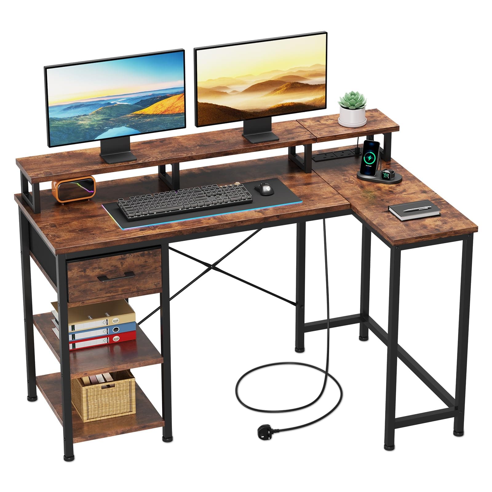Dripex L Shaped Desk with Power Outlet Corner Computer Desk with Storage Shelves & Fabric Drawer, Study Writing Table Gaming Desk for Home Office L120xW80xH88cm