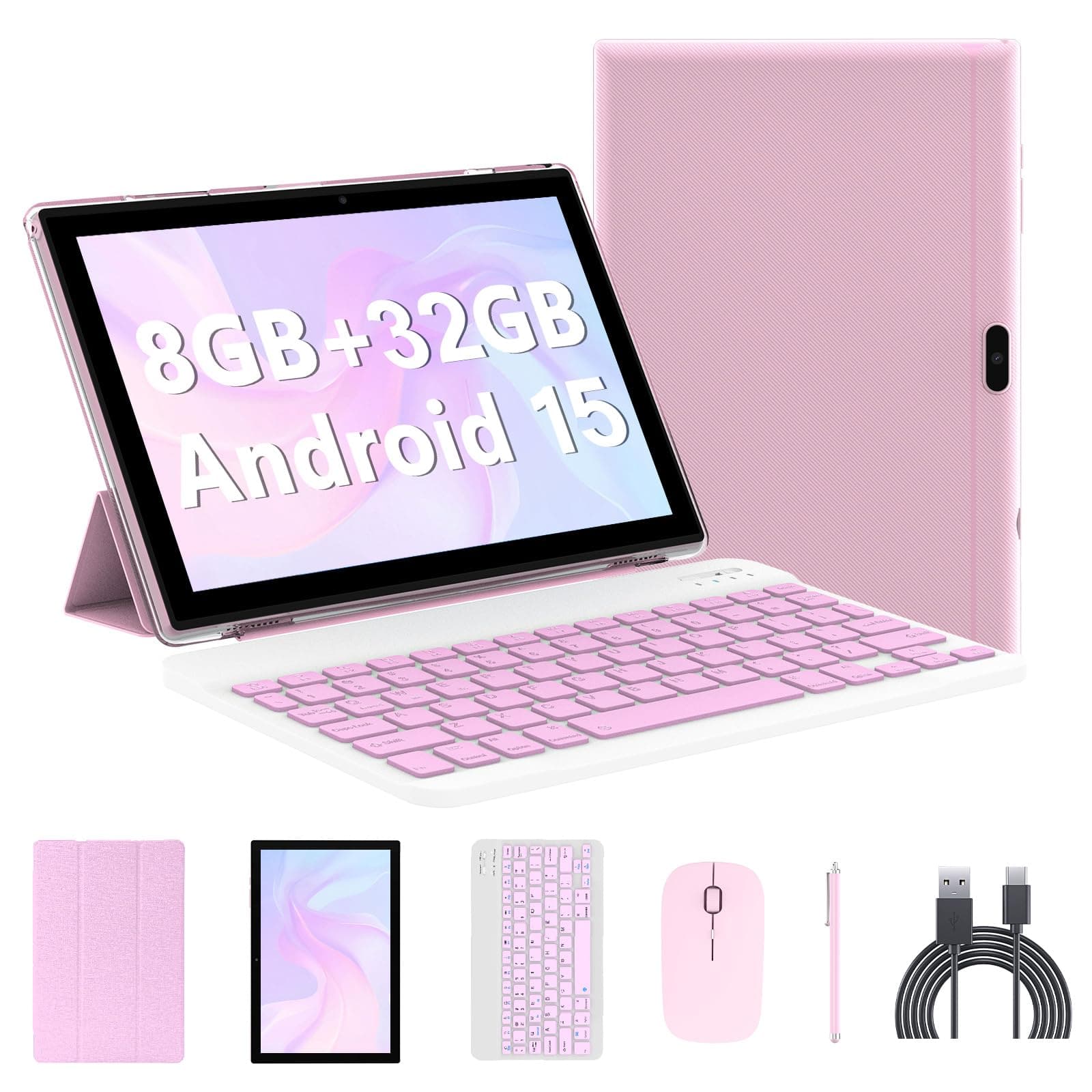 10 inch Tablet with Keyboard 2 in 1 Android 14 Tablets Include Case Mouse Stylus 6000mAh Battery 8GB+64GB/1024GB Expandable 10.1" Tableta, Dual Camera tab, WiFi Bluetooth Tablet PC (Pink)