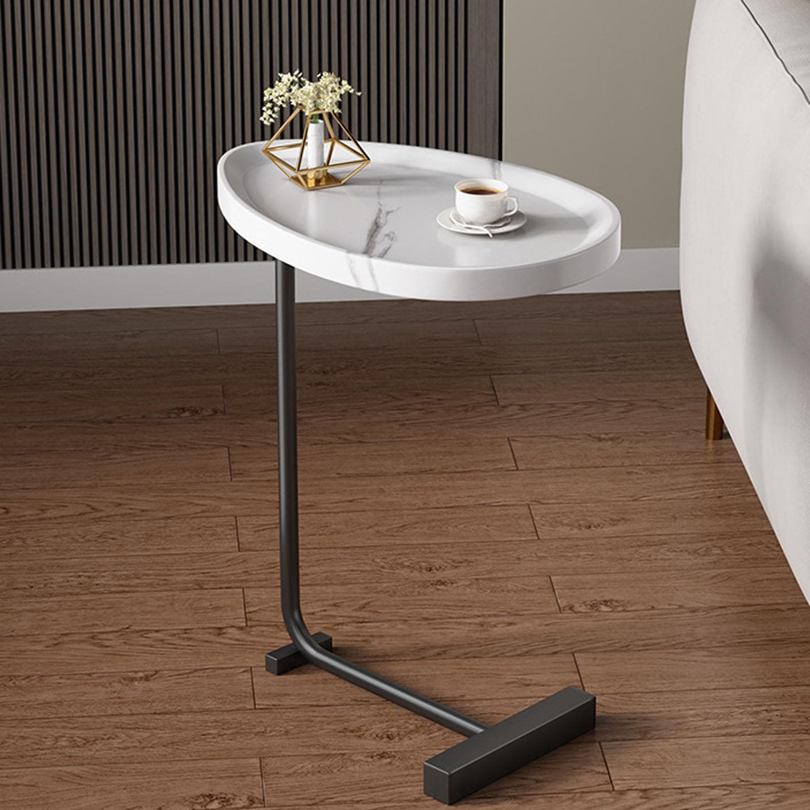 VAODO End Table, C Shaped Side Table for Sofa and Bedside, Modern Simplicity Metal and Wood Coffee Table, for Living Room, Bedroom, Bedside, Small Spaces, White+Black