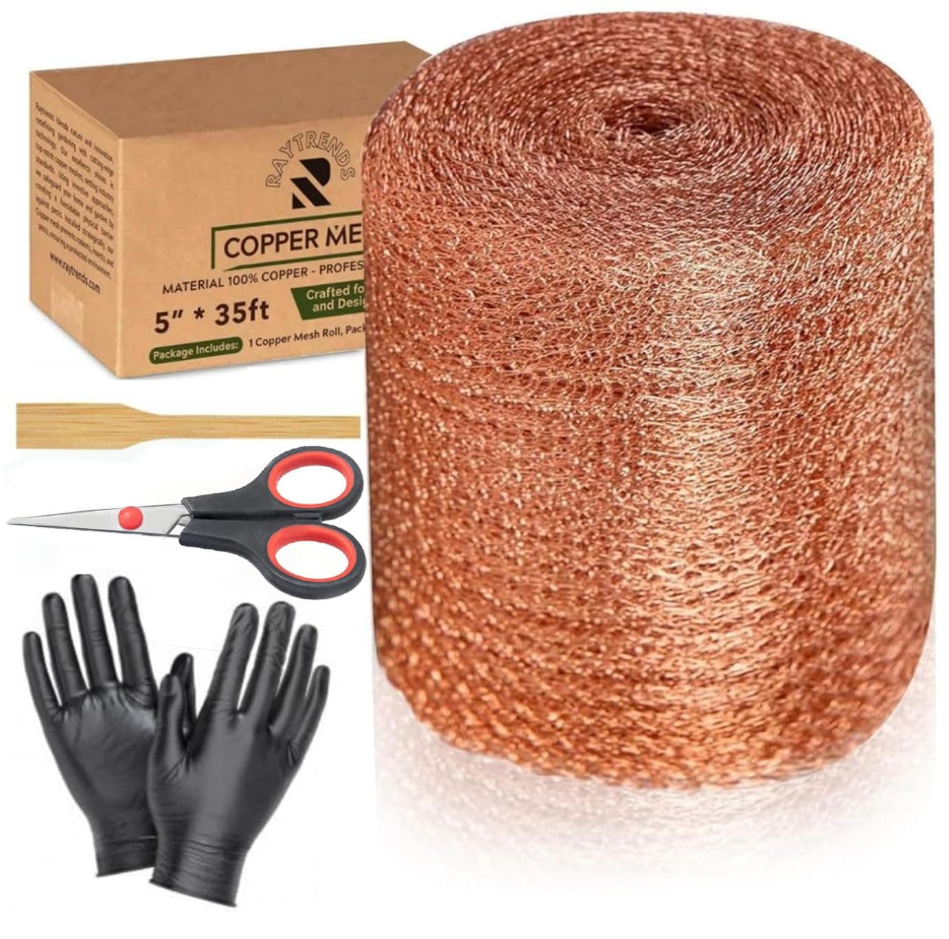 3rd Gen Copper Mesh Rodent Control Kit 5" x 35ft, 100% Premium Copper Wool for Sealing Holes & Water Gaps, Blocks Slugs, Snails, Mice & Pests – with Scissors, Gloves & Packing Tool