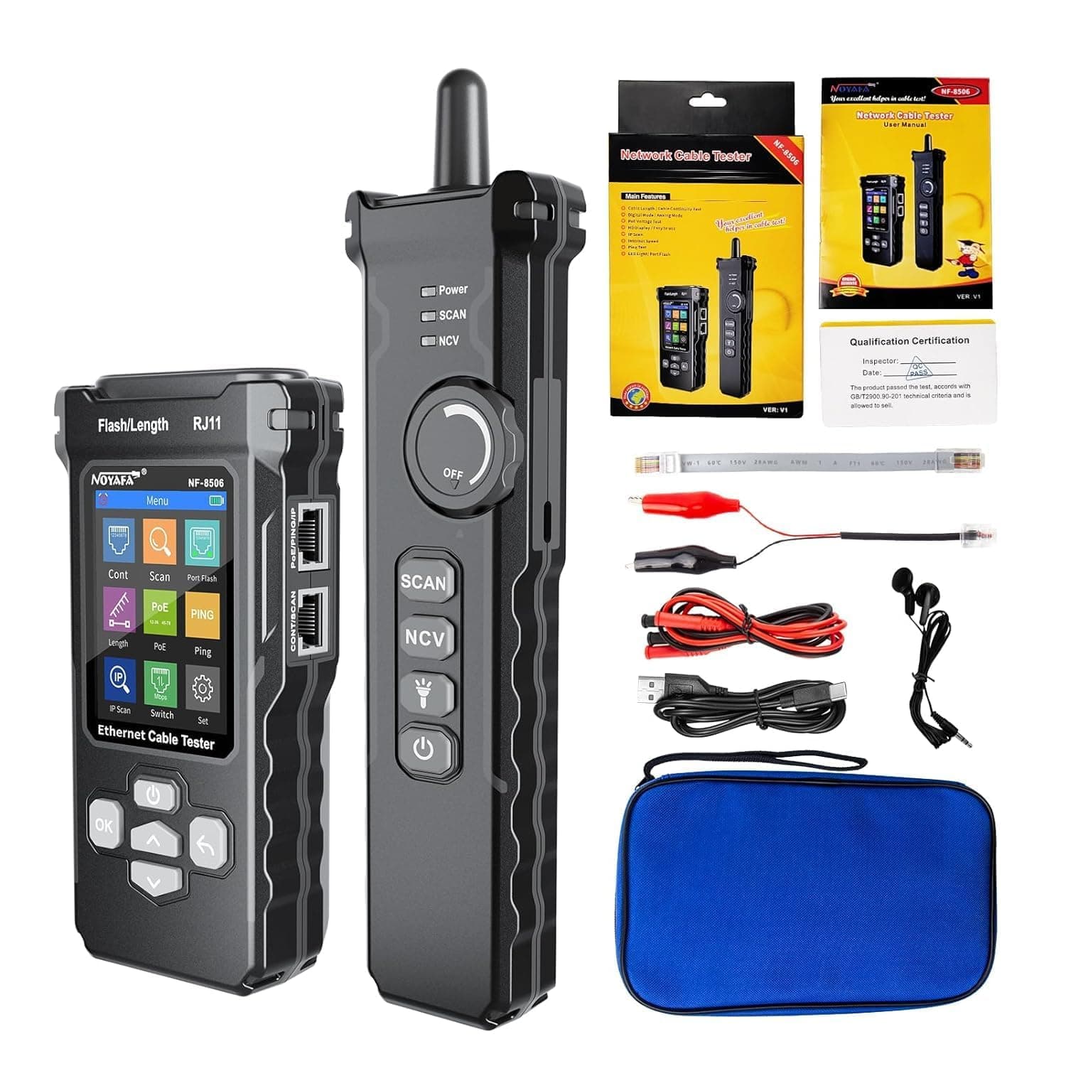 NOYAFA Network Cable Tester with IP Scanner, CAT5E CAT6 Ethernet Tester, PoE Ping Test, Port Flashing, TDR Cable Toner for RJ11 RJ45 Ethernet