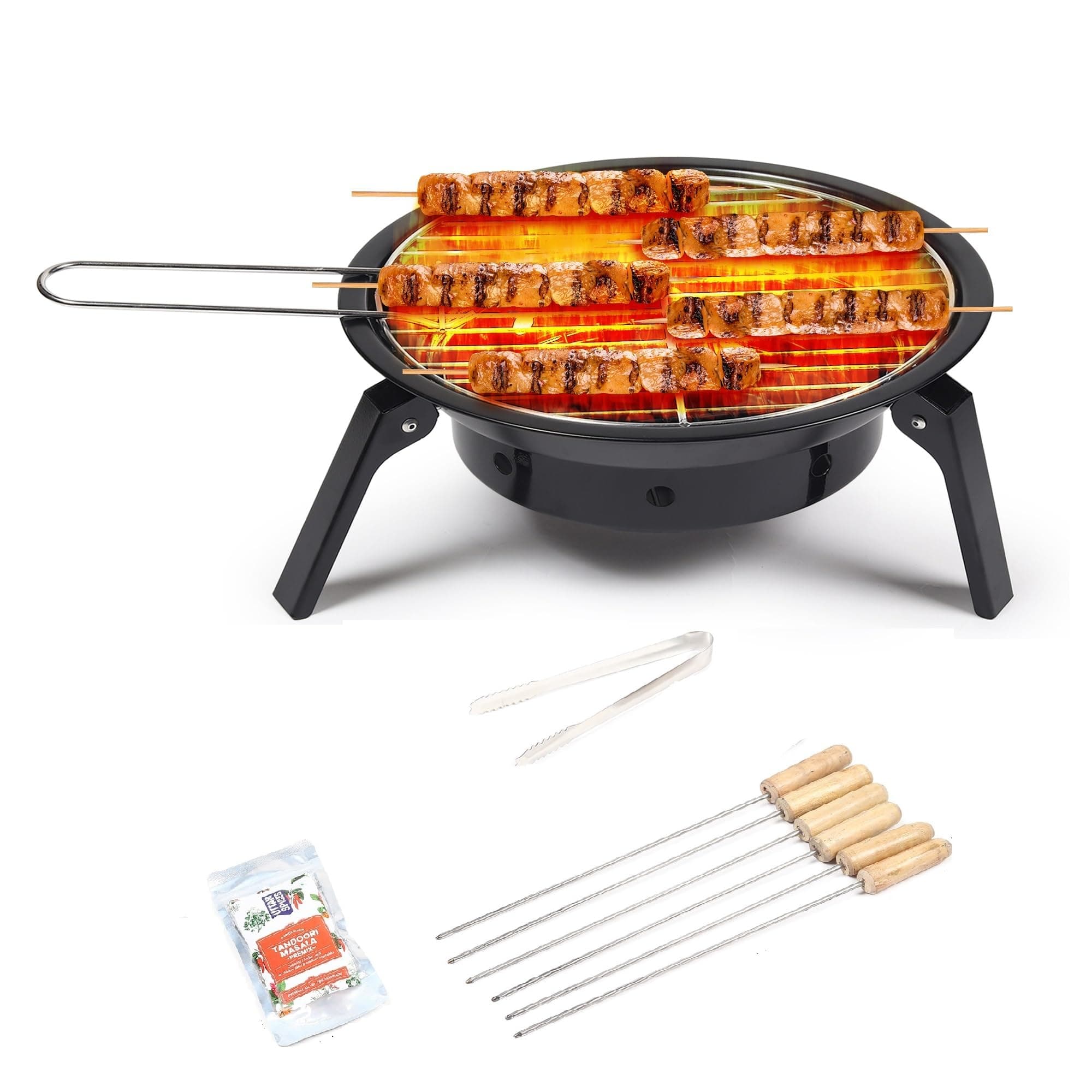 PENG ESSENTIALSFoldgrill Foldable Barbeque Grill Set For Home|Easy Assemble,Heat Resistant,Anti Rust|Charcoal Griller Bbq W/ 5 Wooden Skewers,1 Tong 2 Pckspices Mix & Barbeque Carry Bag-Free Standing