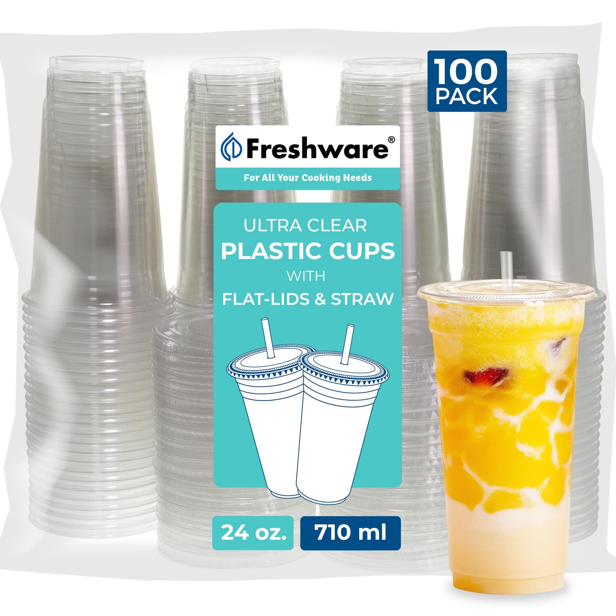Freshware Clear Plastic Cups with Flat Lids and Straws [100 Cups - 24 oz] Disposable Cups for Iced Coffee, Smoothie, Milkshake, Cold Drinks