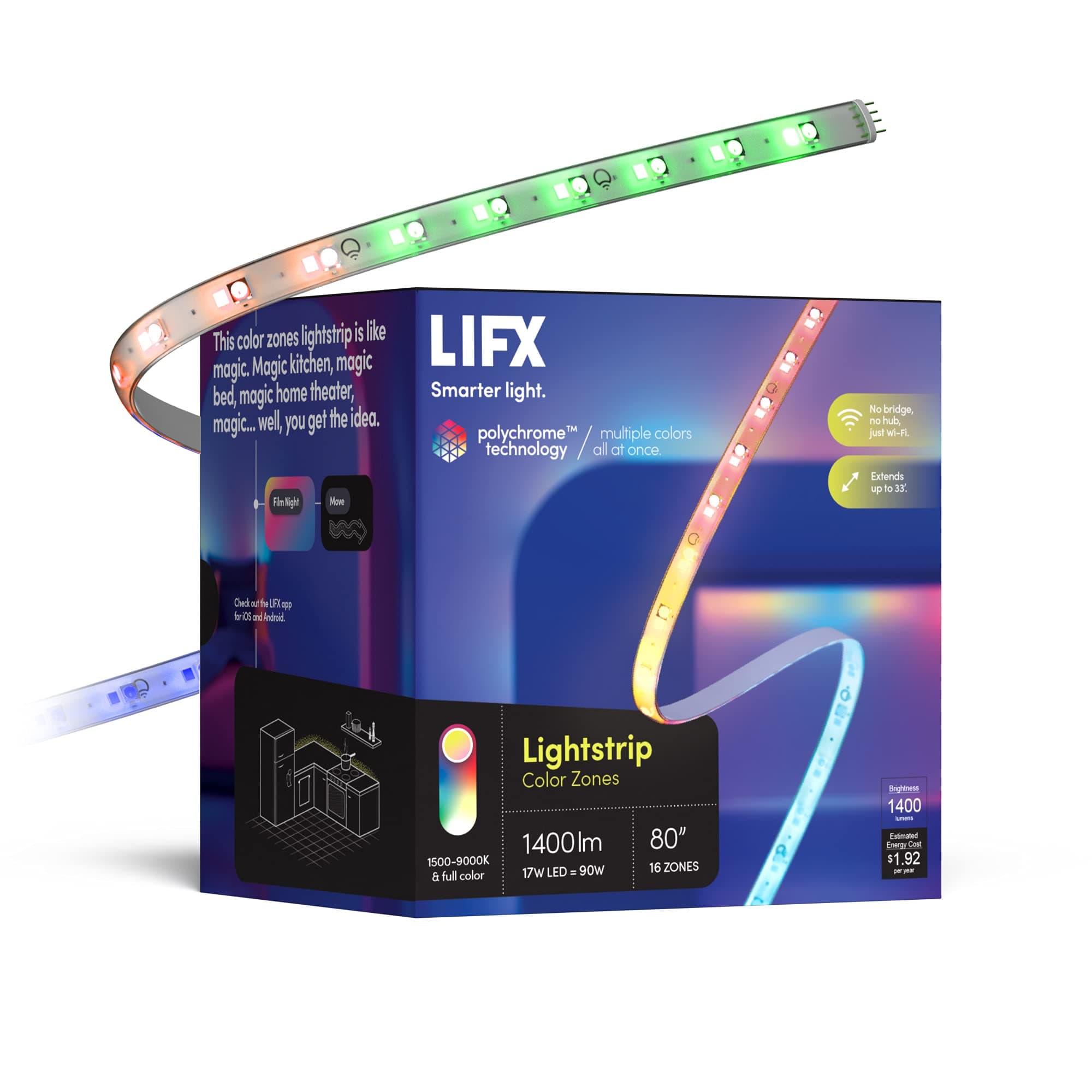 Smart WiFi Light Strip 6.6ft (Polychrome Multicolor, 8 Addressable Zones) Cuttable & Extendable Up to 32.8ft, Works with Alexa, Google Home & Siri, LED Strip Kit with Controller & Power Supply