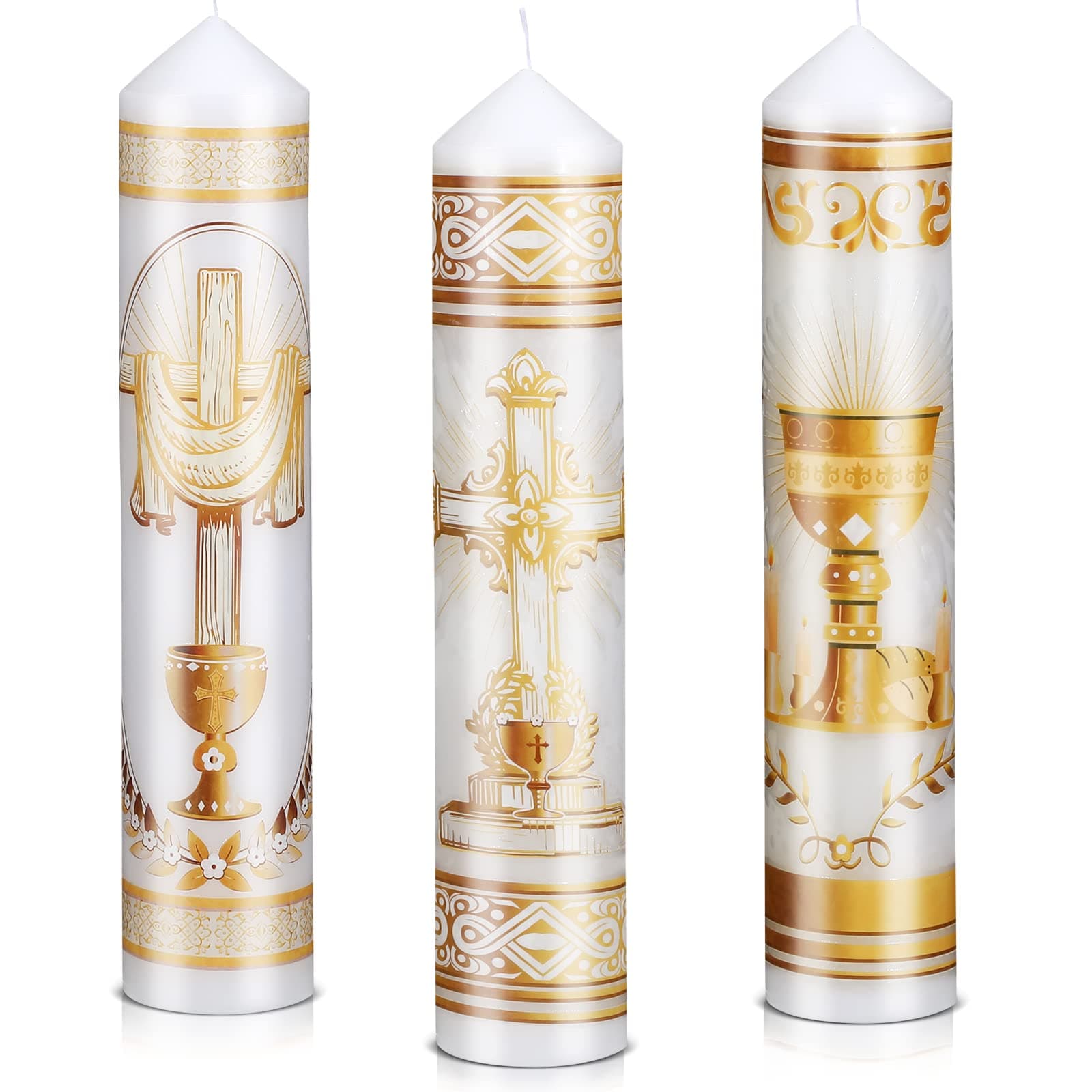 Lewtemi 3 Pcs Easter Paschal Candle First Communion Candle Sets Cirio Religious Catolicos Candle Baptism Prayer Cross Candles Gold Tone Candle for Baptism First Communion Decoration