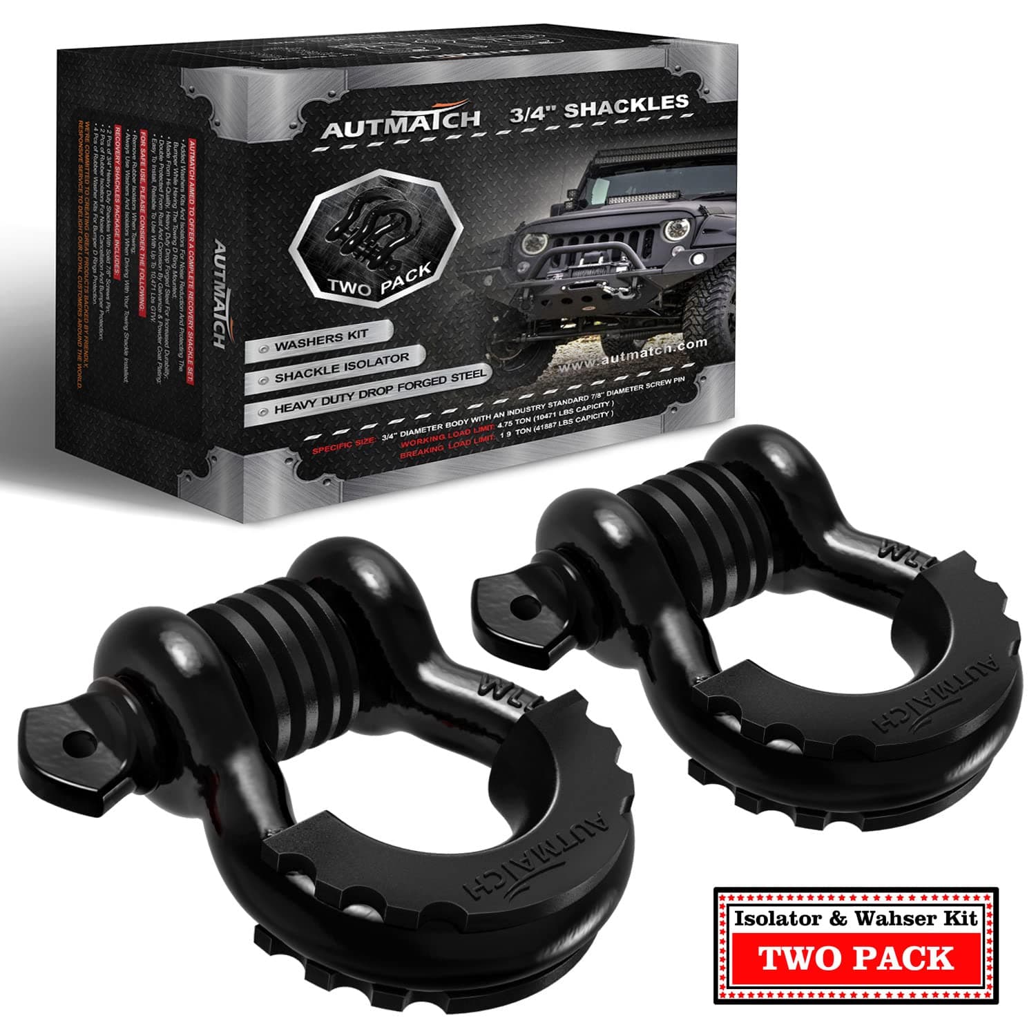 AUTMATCH D Ring Shackle 3/4" Shackles (2 Pack) 41,887Ibs Break Strength with 7/8" Screw Pin and Shackle Isolator Washers Kit for Tow Strap Winch Off Road Vehicle Recovery Black