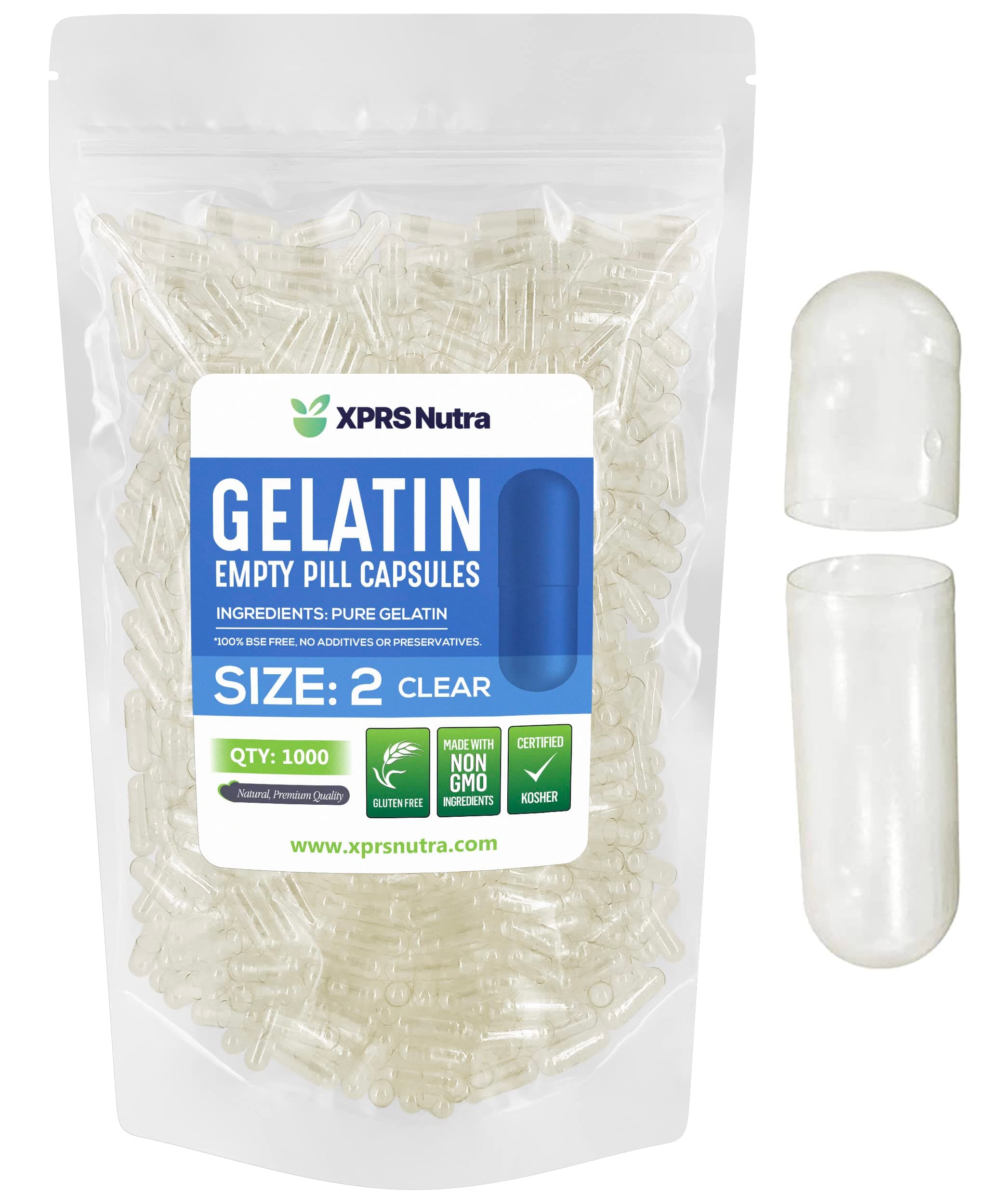 XPRS Nutra Size 2 Empty Capsules - 1000 Count Clear Empty Gelatin Capsules - Pills DIY Capsule Filling - Pure Bovine Pill Gel Caps for Do-It-Yourself Supplements