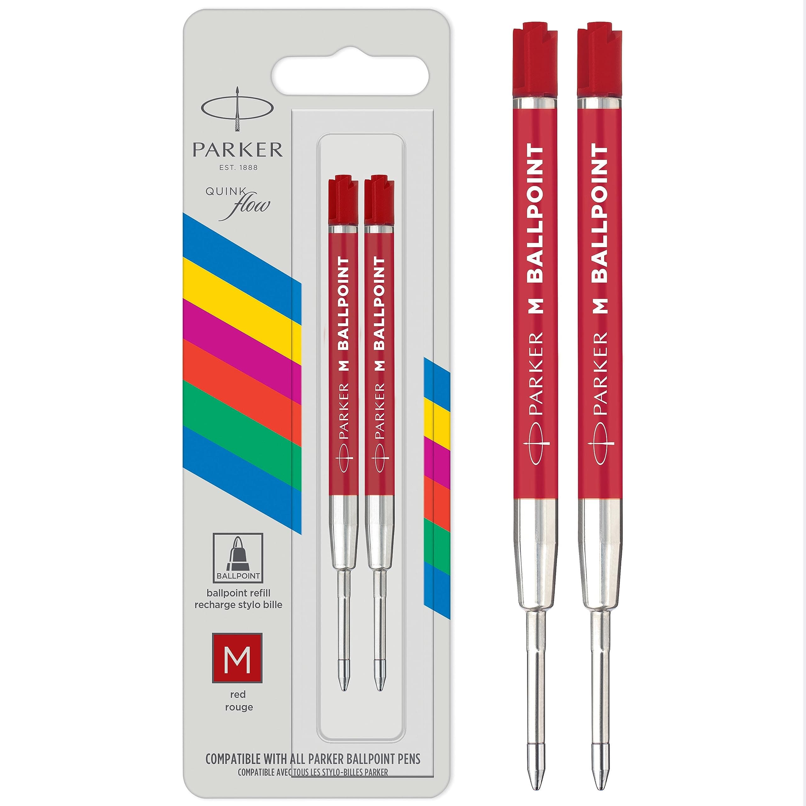 PARKER Ballpoint Pen Refill Medium Tip Red QUINKflow Ink 2 Count, 2166545