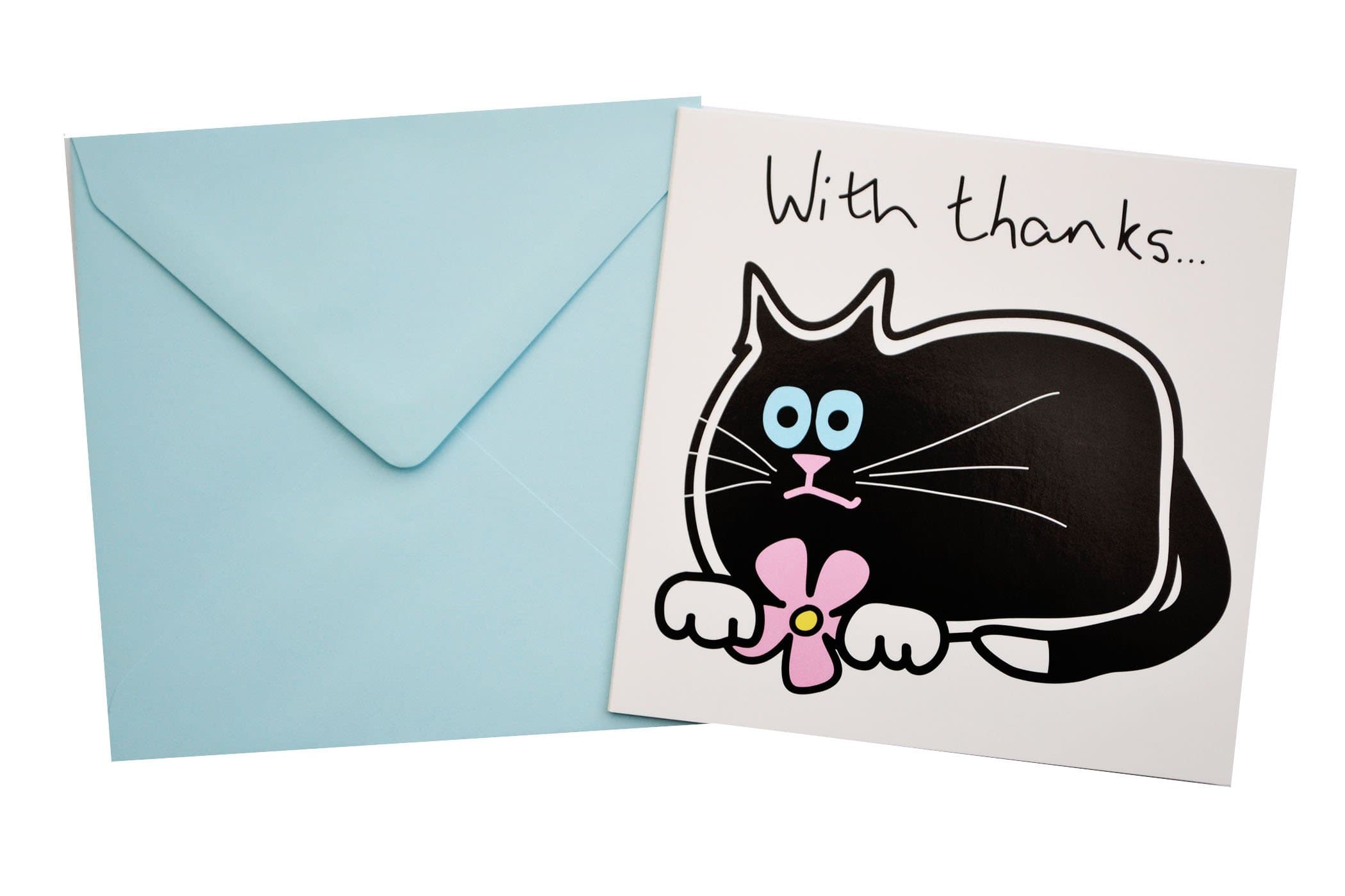 Single Black cat thank you card. Blue envelope.
