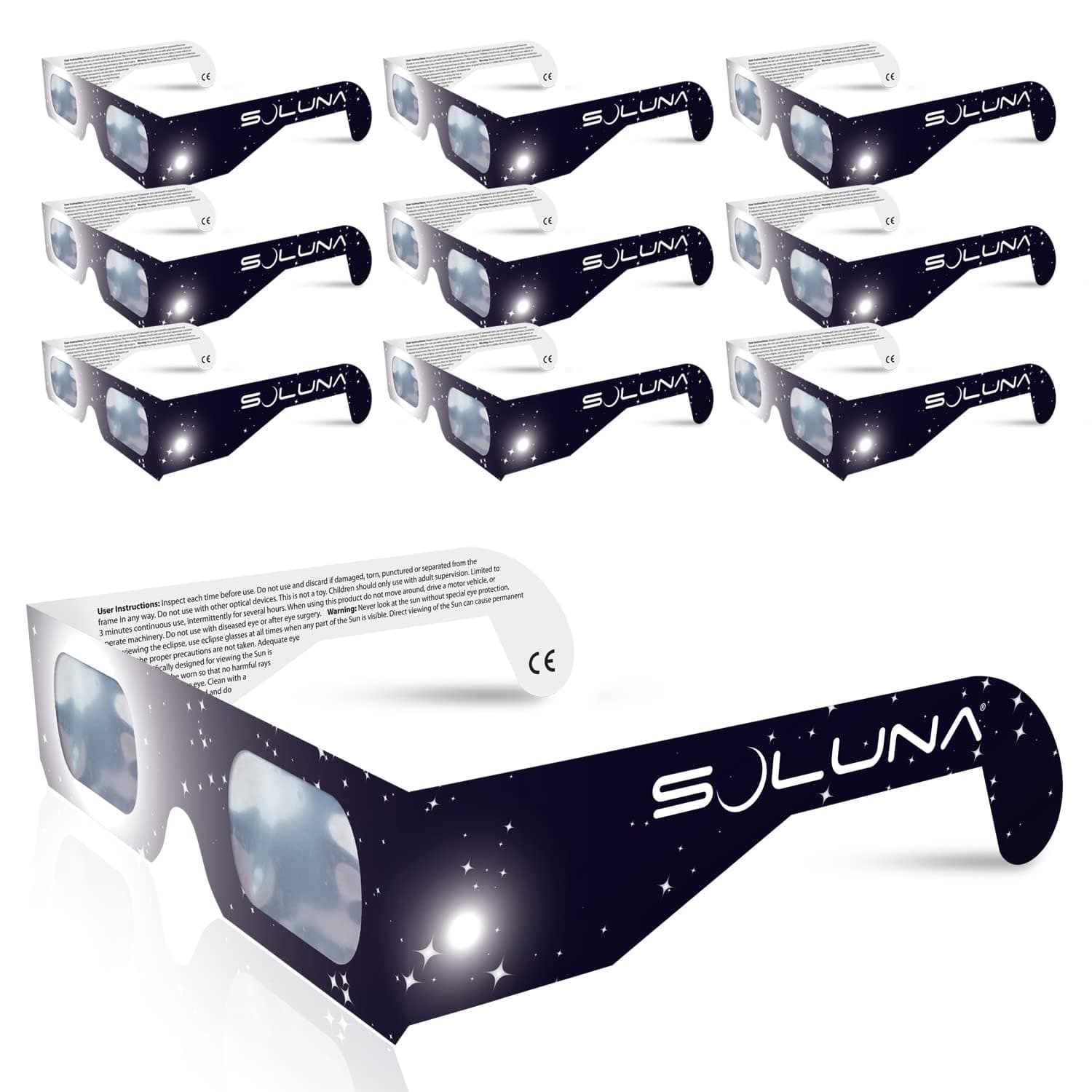 Soluna Solar Eclipse Glasses - CE and ISO Certified Safe Shades for Direct Sun Viewing, (10 Pack)