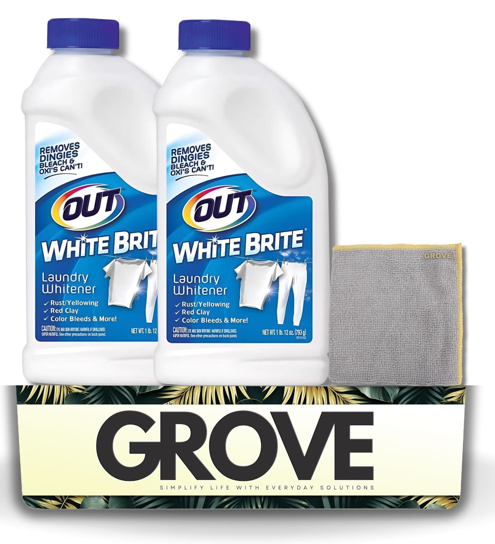White Brite Laundry Whitener Powder 28 oz Bundle with Microfiber Cloth - Revive Dingy Whites - Remove Yellowing & Rust Stains - Safe for All Washable Fabrics - (3 Items)