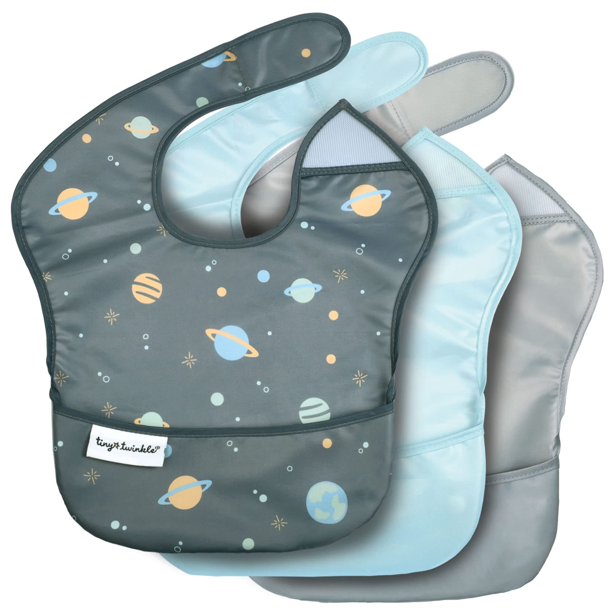 Tiny Twinkle Mess-Proof Baby Bibs for Mealtime – Waterproof, Wipeable Toddler Bibs – Travel-Friendly – Free from PFAS, PVC, BPA, and Phthalates – (3 Pack)