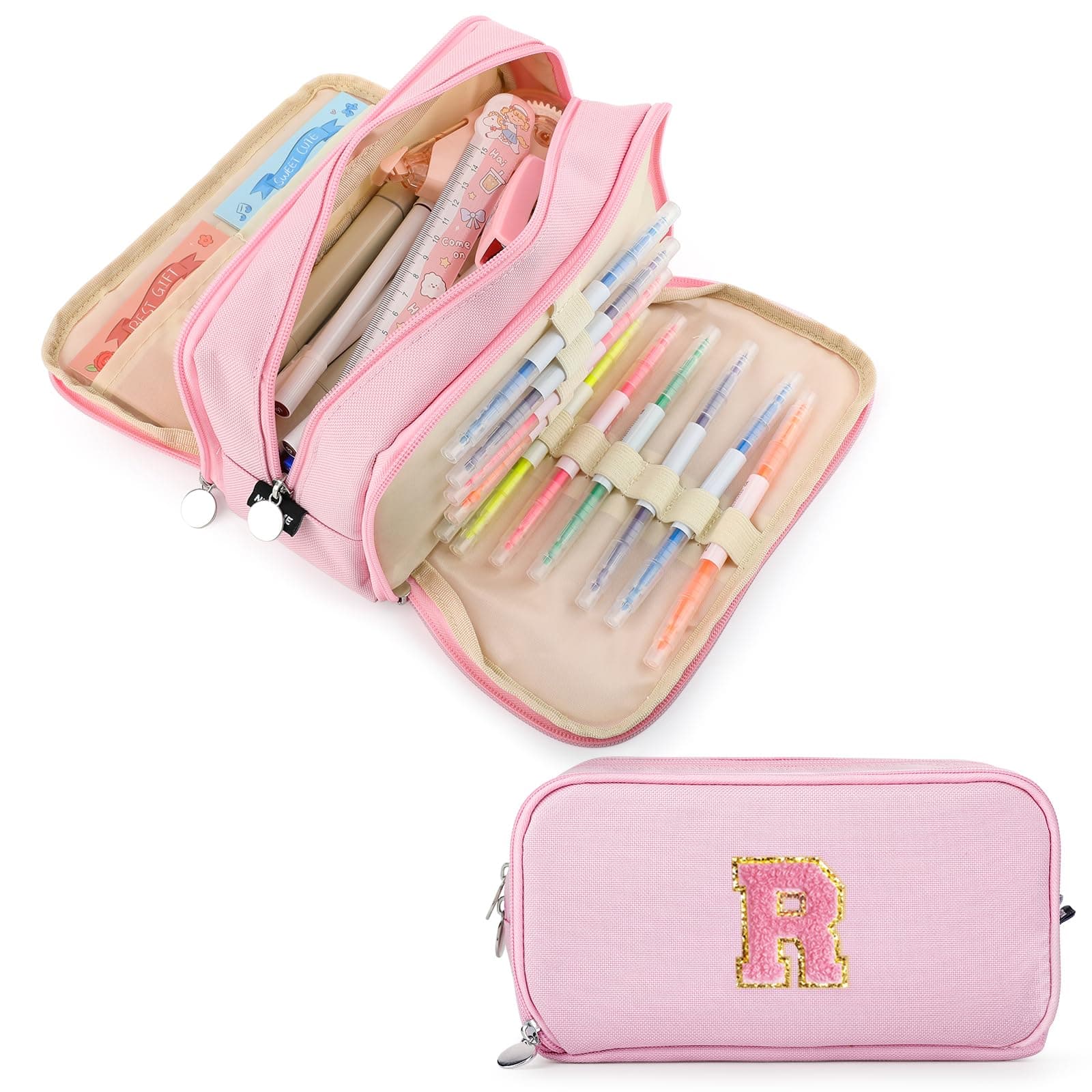 Extra Large Capacity Pencil Case 3 Compartment Initial Pencil Pouch Personalized Cute Aesthetic Stationery Pen Case Bag for School Teen Girl Boy Men Women Gift (R, Pink)