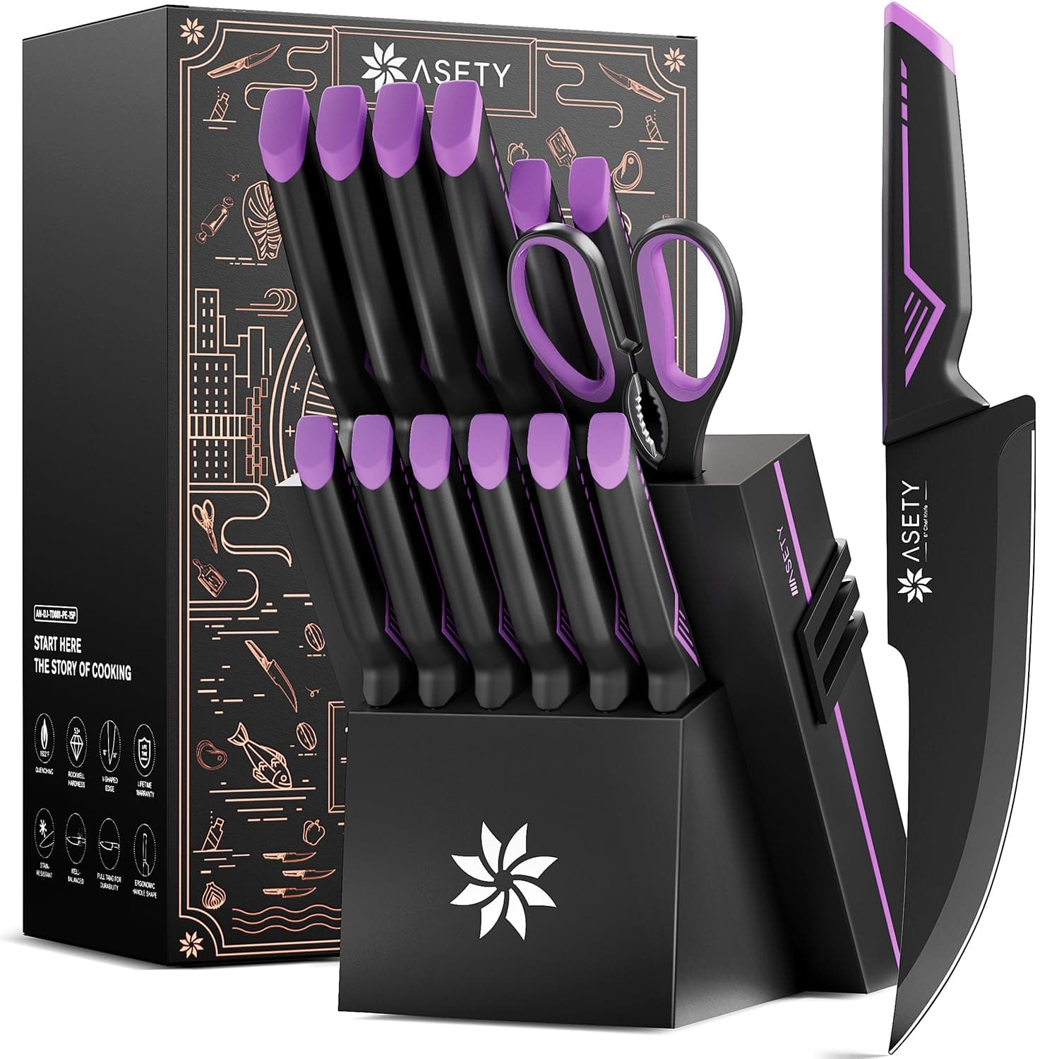 Knife Set - 15 PCS Kitchen Knife Set with Built-in Knife Sharpener Block - Stainless Steel Knife Block Set - Dishwasher Safe, Elegant Box for Men Women