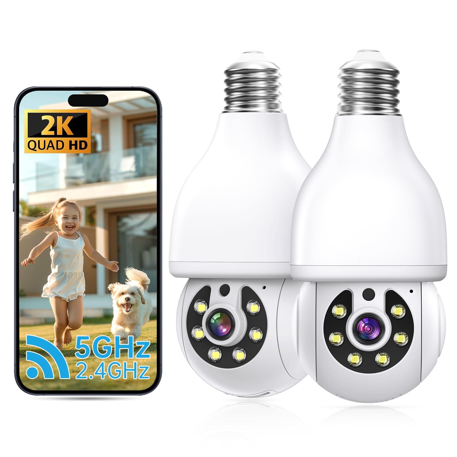 2K Light Bulb Security Camera 5G&2.4G WiFi Security Cameras Wireless Outdoor Indoor,360°Bulb Cameras for Home Security Outside Indoor,Motion Detection and Alarm,Two-Way Talk,Color Night Vision 2 Pack