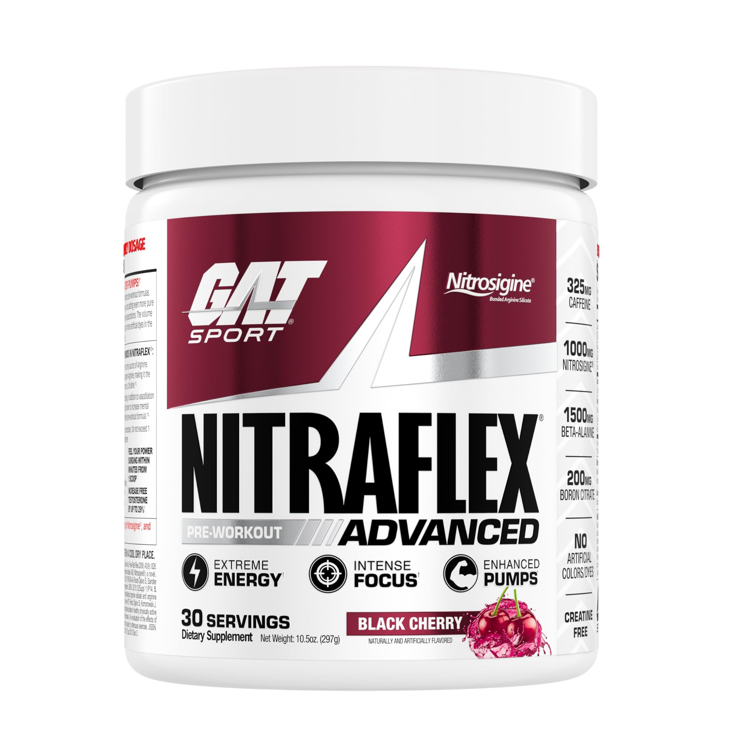GAT SPORT Nitraflex Advanced Pre-Workout Powder, Increases Blood Flow, Boosts Strength and Energy, Improves Exercise Performance (Black Cherry, 30 Servings)