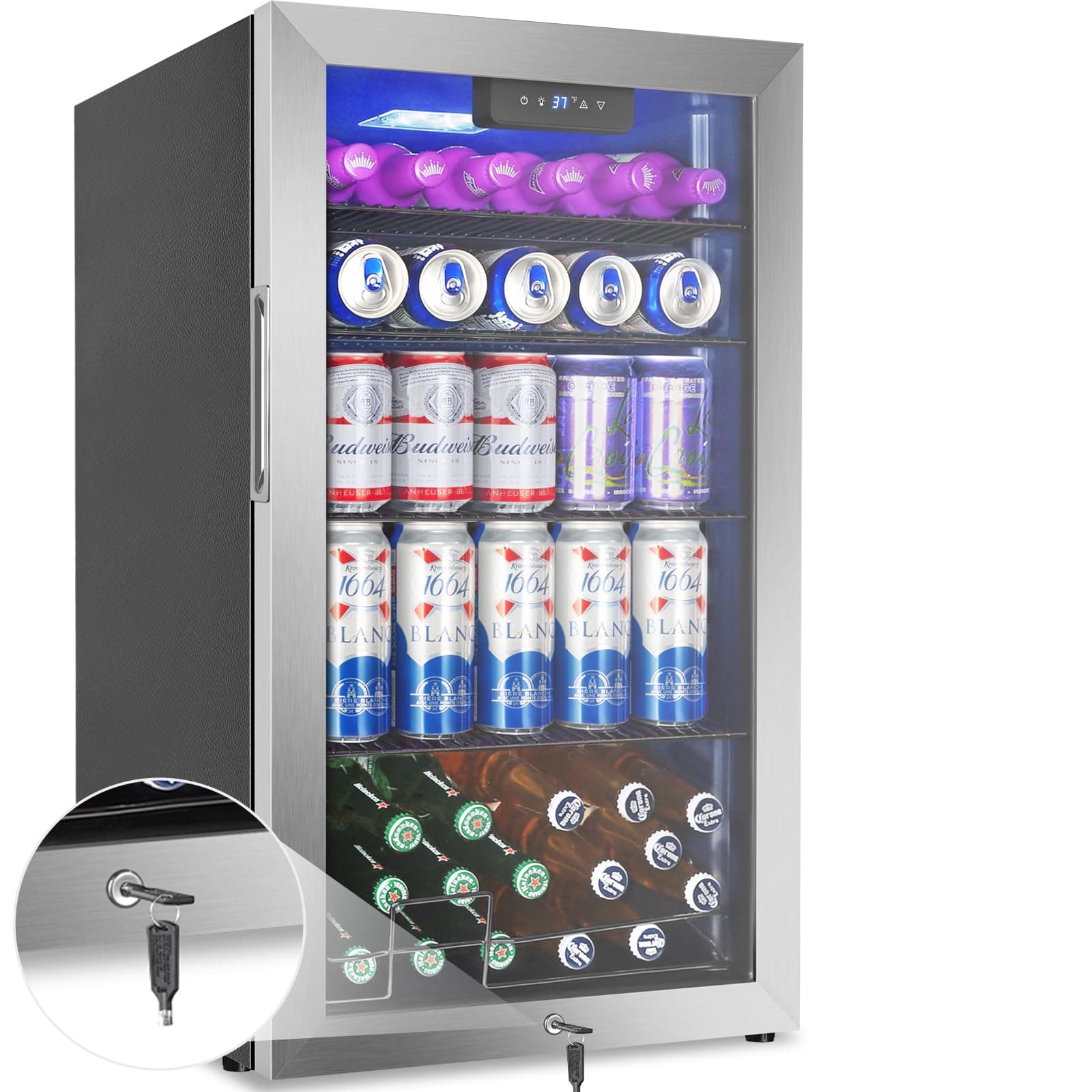 128 Cans Beverage Refrigerator Cooler, 3.2 Cu.Ft Mini Drink Fridge Glass Door for Drink Beer Soda Wine, Beer Fridge with 4 Removable Shelves for Kitchen Bedroom, Office Bar Gaming Room,Stainless Steel