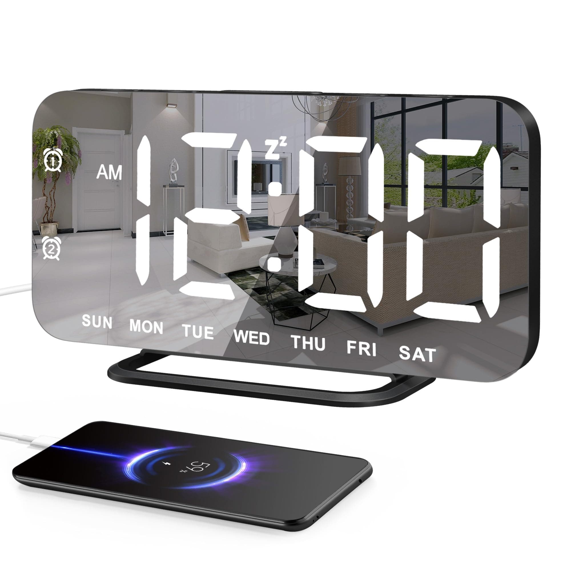 Slim LED Digital Alarm Clock, Mirror Surface for Makeup, with Diming, Large Display, Easy Setting, USB Ports, Modern Decor for Bedroom, Desk, Idea for Women, Sister, College Girl, Black