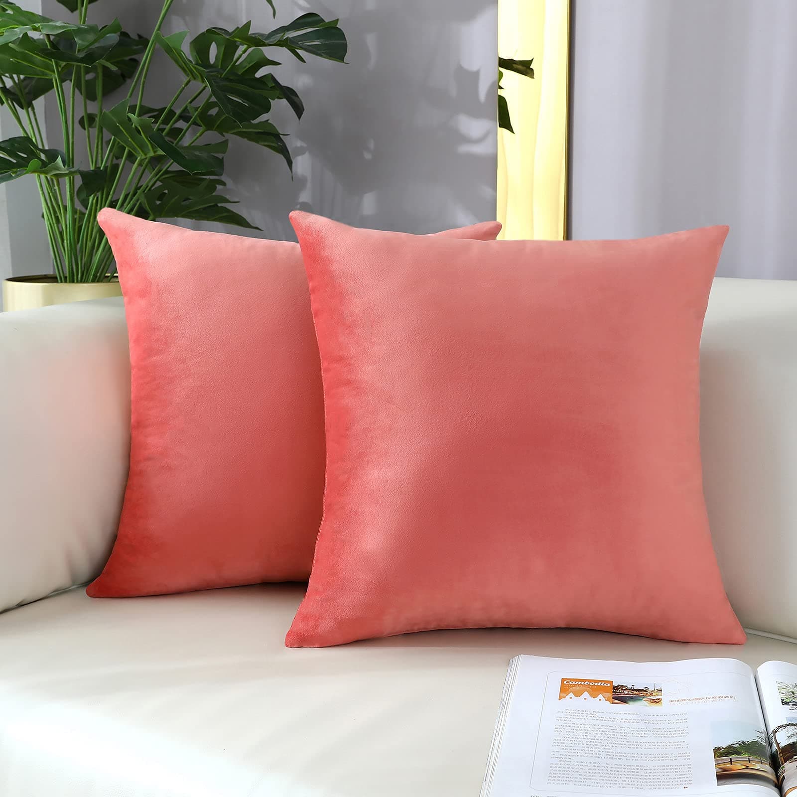 mixeoo Comfy Salmon Pink Throw Pillow Covers Decorative Square Solid Velvet Super Soft Cushion Cases Home Decor for Sofa Couch Living Room, Set of 2, 16 x 16 Inch