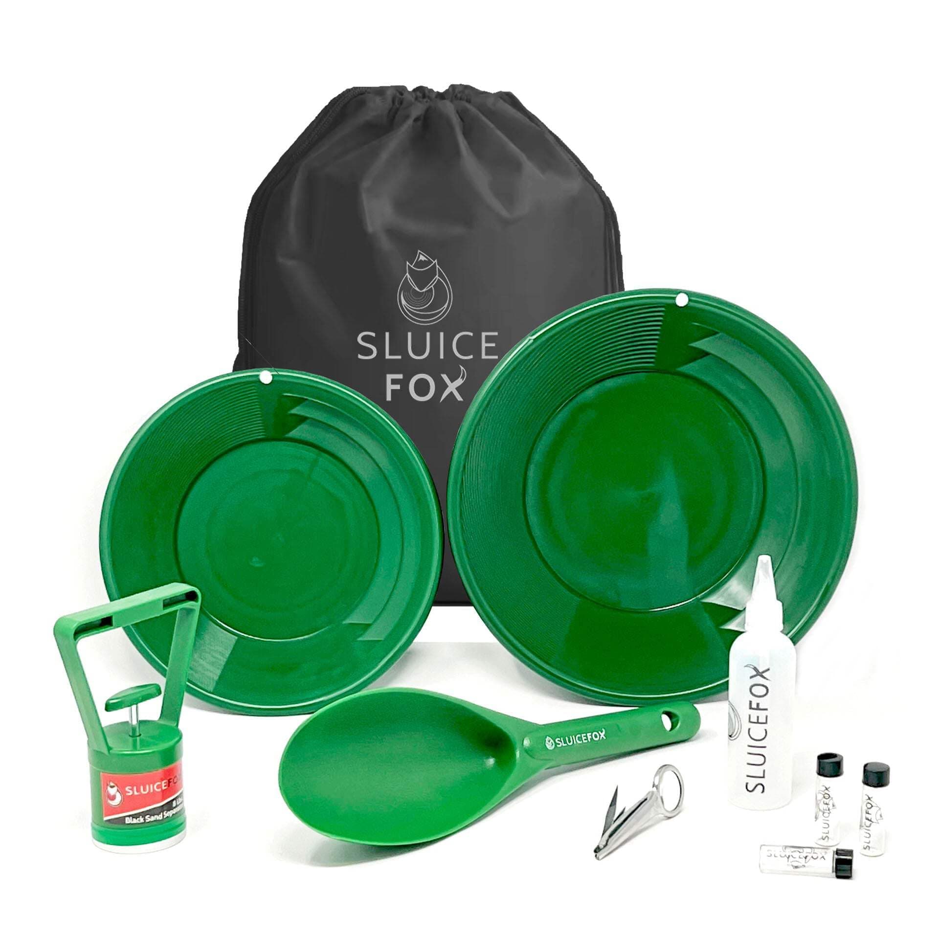 Sluice Fox Gold Rush panning kit with Backpack; 10-Piece Prospecting Tools for Adults and Kids. Gold pan Accessories; Black Sand Magnet, Plastic Gold Shovel, Snuffer Bottle, Tweezers and Gold vials